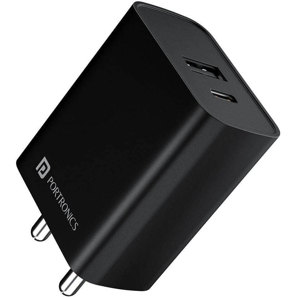 Portronics Adapto 70 33W Fast Charger Adapter with Dual Output (USB + Type C) Supports PPS Charging Via Type C Port, 27W Dash, Warp 27W, Dart, Super Dart 27W(Black)