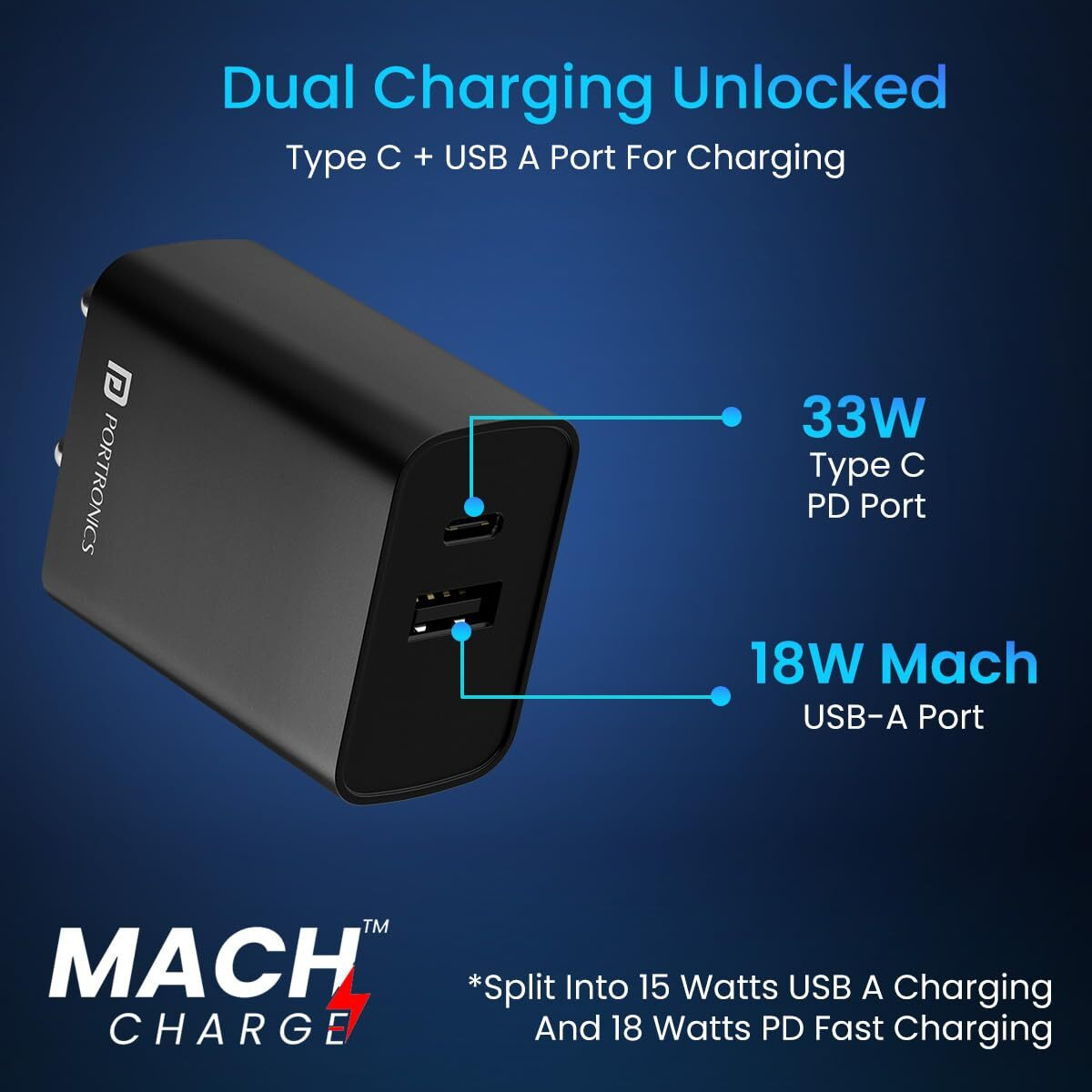 Portronics Adapto 70 33W Fast Charger Adapter with Dual Output (USB + Type C) Supports PPS Charging Via Type C Port, 27W Dash, Warp 27W, Dart, Super Dart 27W(Black)