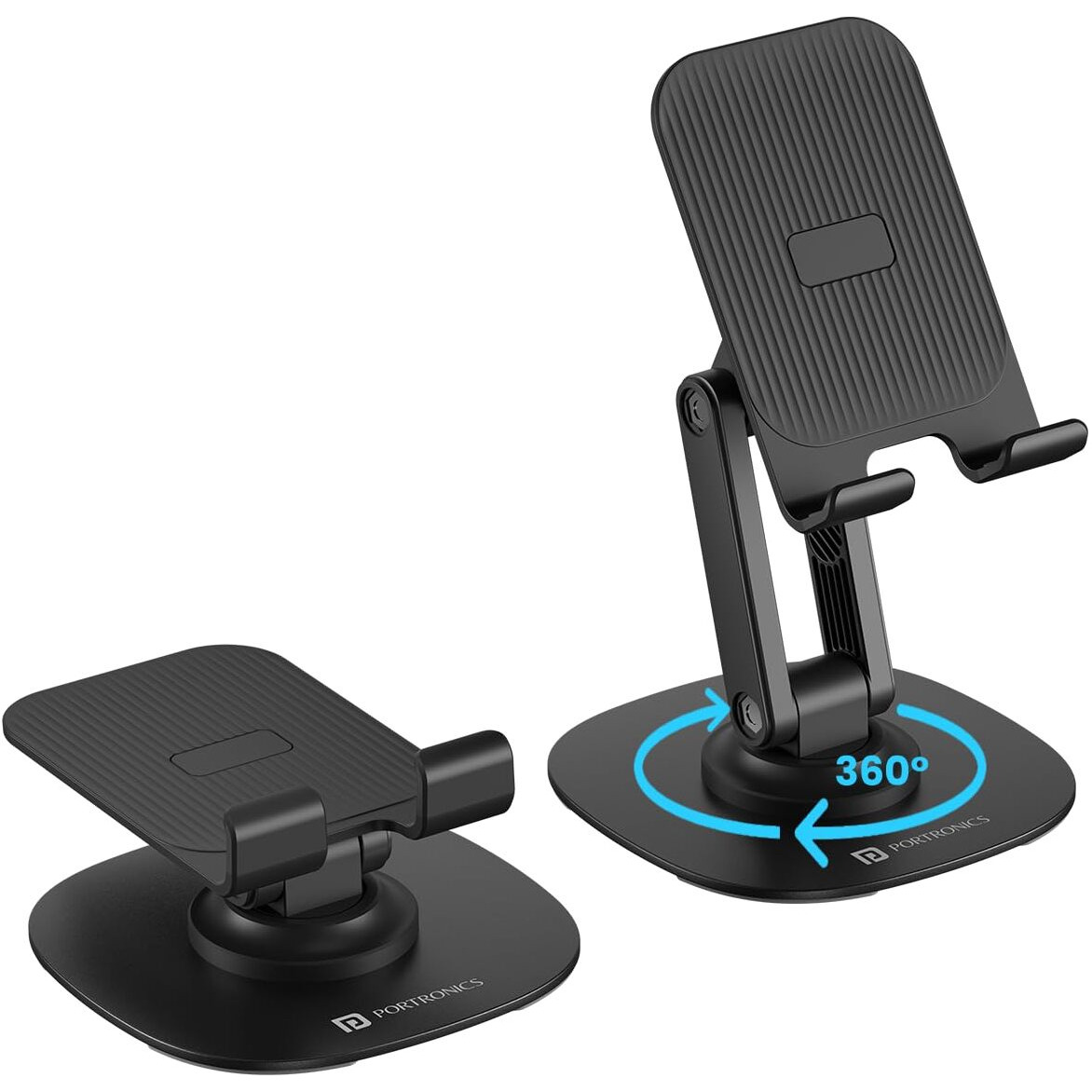 Portronics Mobot III 360 Rotatable & Foldable Mobile Phone Holder With Stable Metallic base,Adjustable Height, Anti Skid Pad,Tabletop Mobile Phone Stand for all Smartphones,tablets,Kindle,ipad(Black)