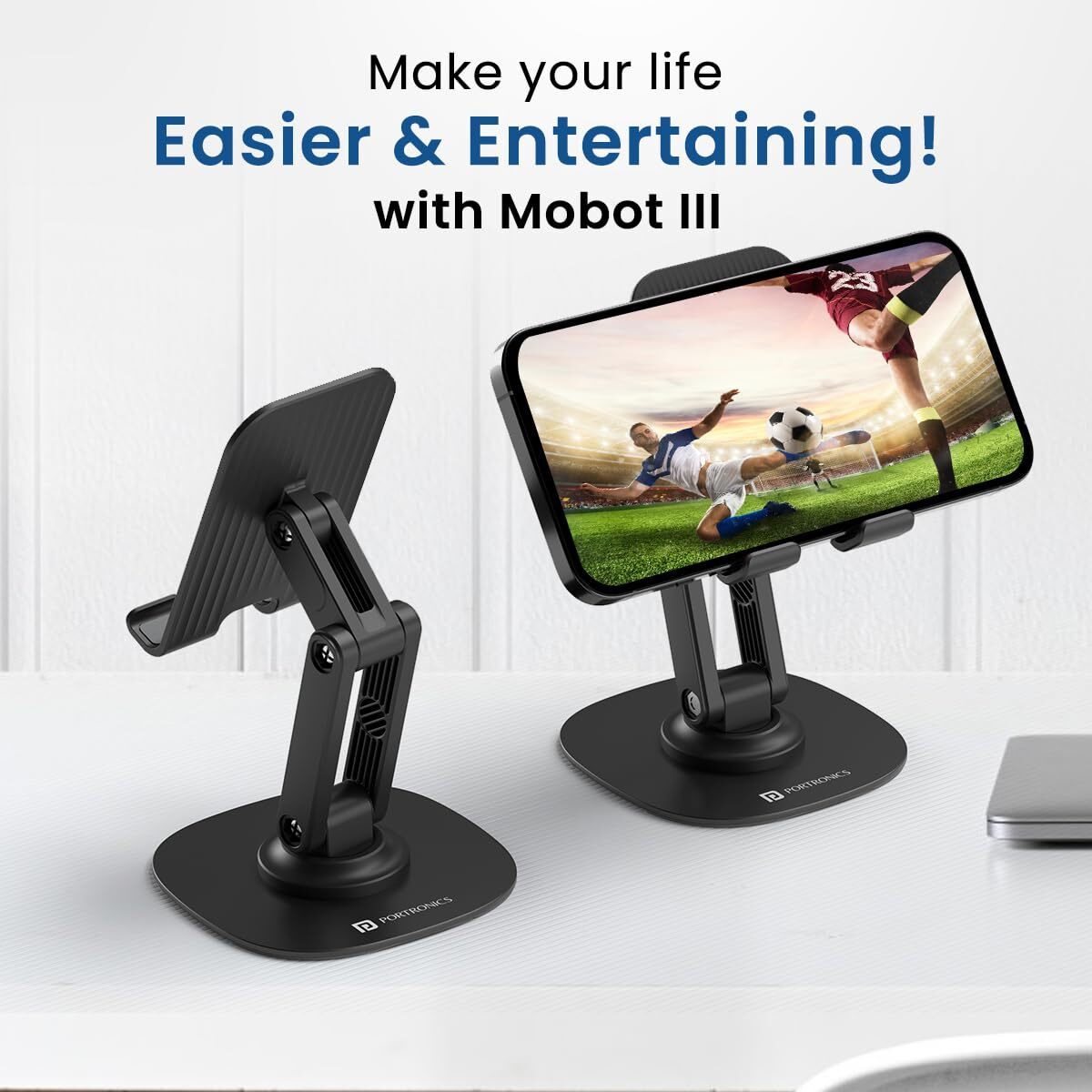 Portronics Mobot III 360 Rotatable & Foldable Mobile Phone Holder With Stable Metallic base,Adjustable Height, Anti Skid Pad,Tabletop Mobile Phone Stand for all Smartphones,tablets,Kindle,ipad(Black)