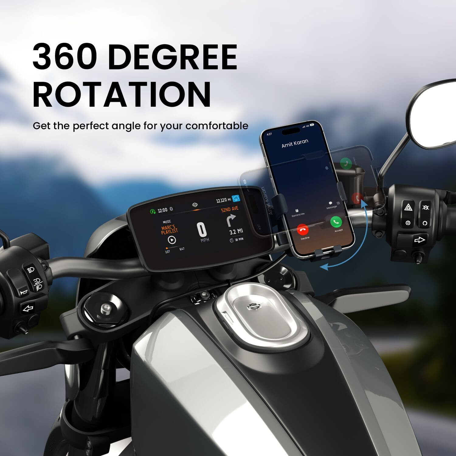 Portronics Mobike 4 Bike Phone Mount with 360 Rotational, Strong Hold for Bicycle, Motorcycle Compatible with 4.7 to 6.8 inch Devices(Black)