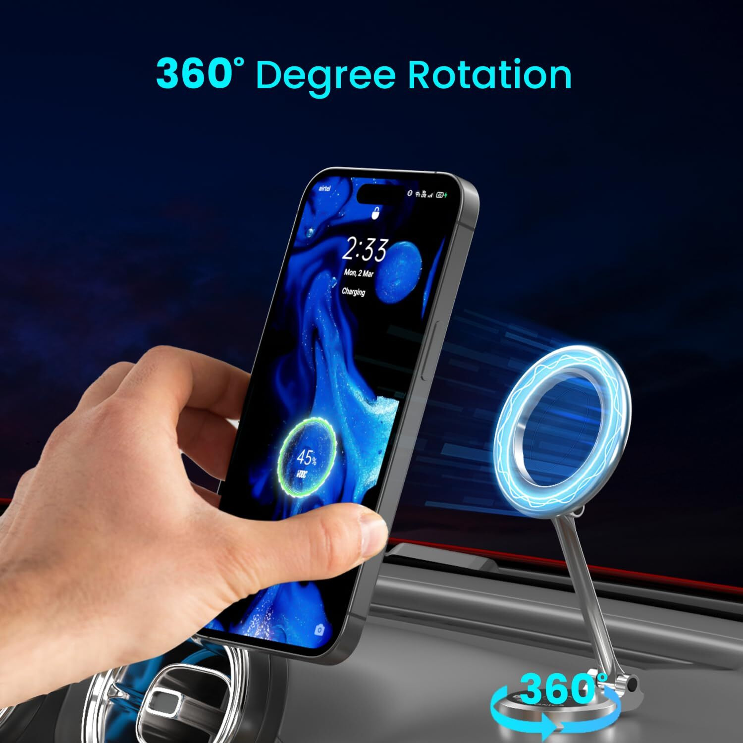 Portronics Mogun 3 Magnetic Car Phone Holder with 360 Rotation Base, Strong Magnets, Angle & Height Adjustable, 180 Pivot, Adhesive Base, Metal Alloy Build (Silver)