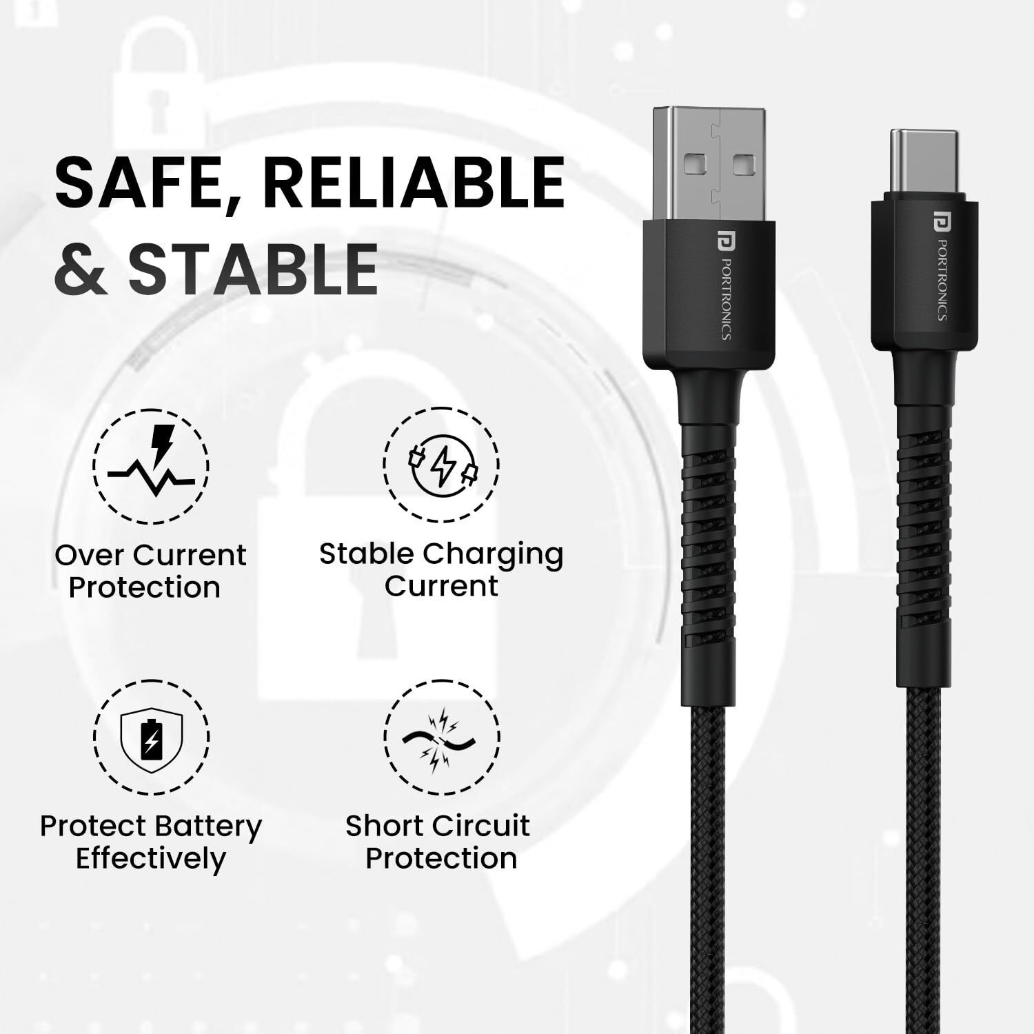 Portronics Konnect X 3A Unbreakable Nylon Braided USB to Type C Fast Charging Cable 2M Long, Supports All Type C Smartphones and Devices(Black)