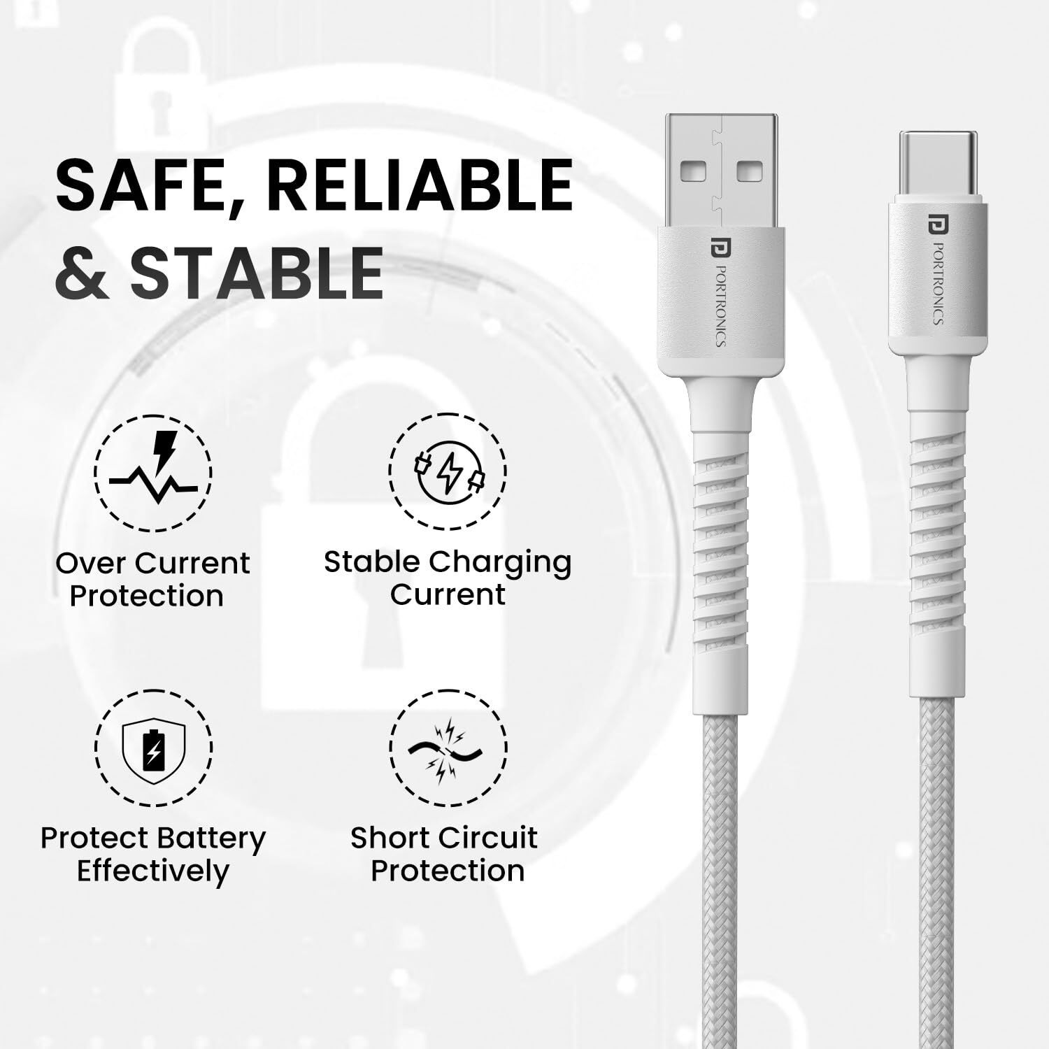 Portronics Konnect X 3A Unbreakable Nylon Braided USB to Type C Fast Charging Cable 2M Long, Supports All Type C Smartphones and Devices(White)