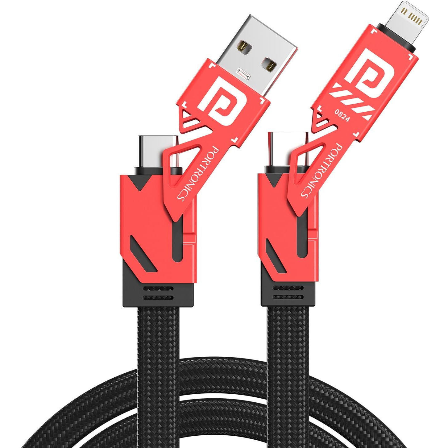 Portronics Procharge 4 60W 4-In-1 Multifunctional Fast Charging Cable With Multiple Port & Metal Zinc Alloy Head, Tangle Free Flat Cable, Type C to Type C/Lightening, USB A, Fast Data Sync (Red+Black)