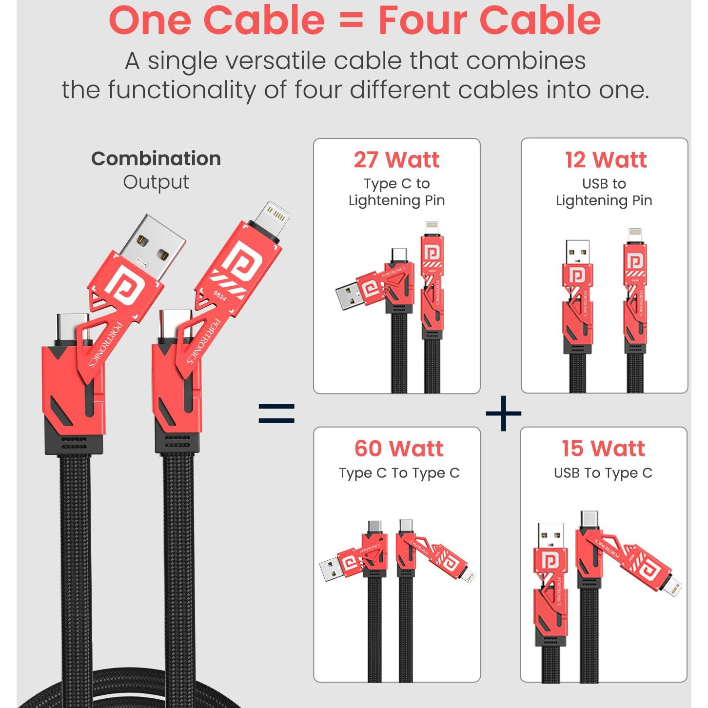 Portronics Procharge 4 60W 4-In-1 Multifunctional Fast Charging Cable With Multiple Port & Metal Zinc Alloy Head, Tangle Free Flat Cable, Type C to Type C/Lightening, USB A, Fast Data Sync (Red+Black)