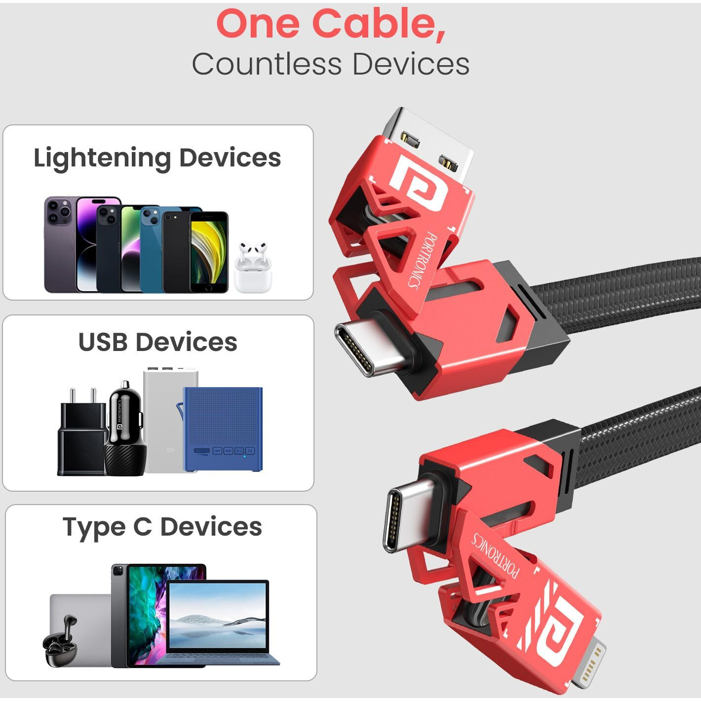Portronics Procharge 4 60W 4-In-1 Multifunctional Fast Charging Cable With Multiple Port & Metal Zinc Alloy Head, Tangle Free Flat Cable, Type C to Type C/Lightening, USB A, Fast Data Sync (Red+Black)