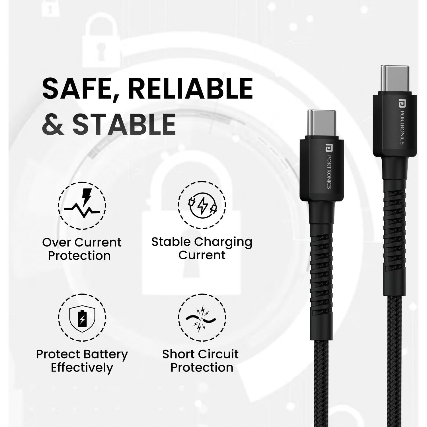 Portronics Konnect X 60W Type C to Type C Unbreakable Nylon Braided Cable, 1M Fast Charging Cable for iPhone 15 series, iPad, Samsung Galaxy & other Type C Devices(Black)
