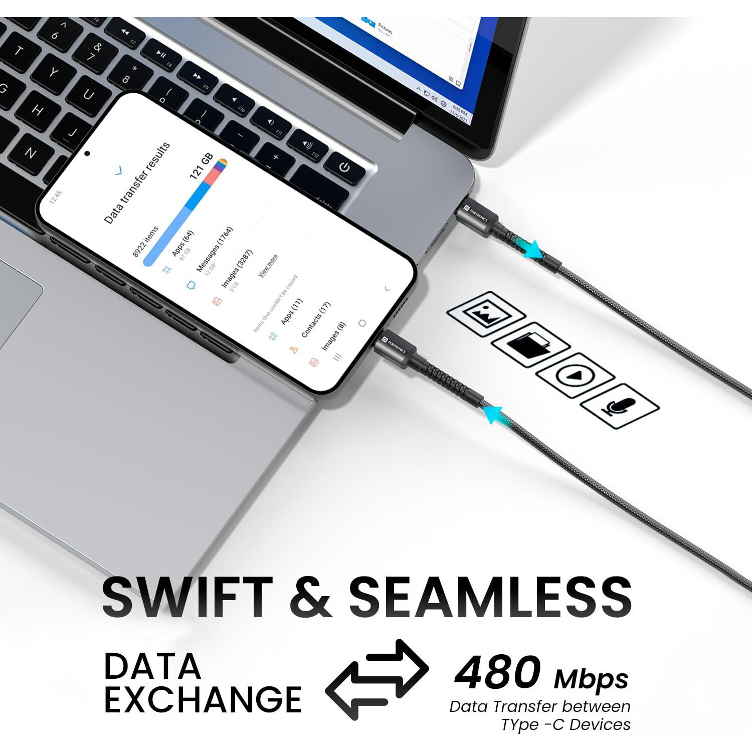 Portronics Konnect X 60W Type C to Type C Unbreakable Nylon Braided Cable, 1M Fast Charging Cable for iPhone 15 series, iPad, Samsung Galaxy & other Type C Devices(Black)
