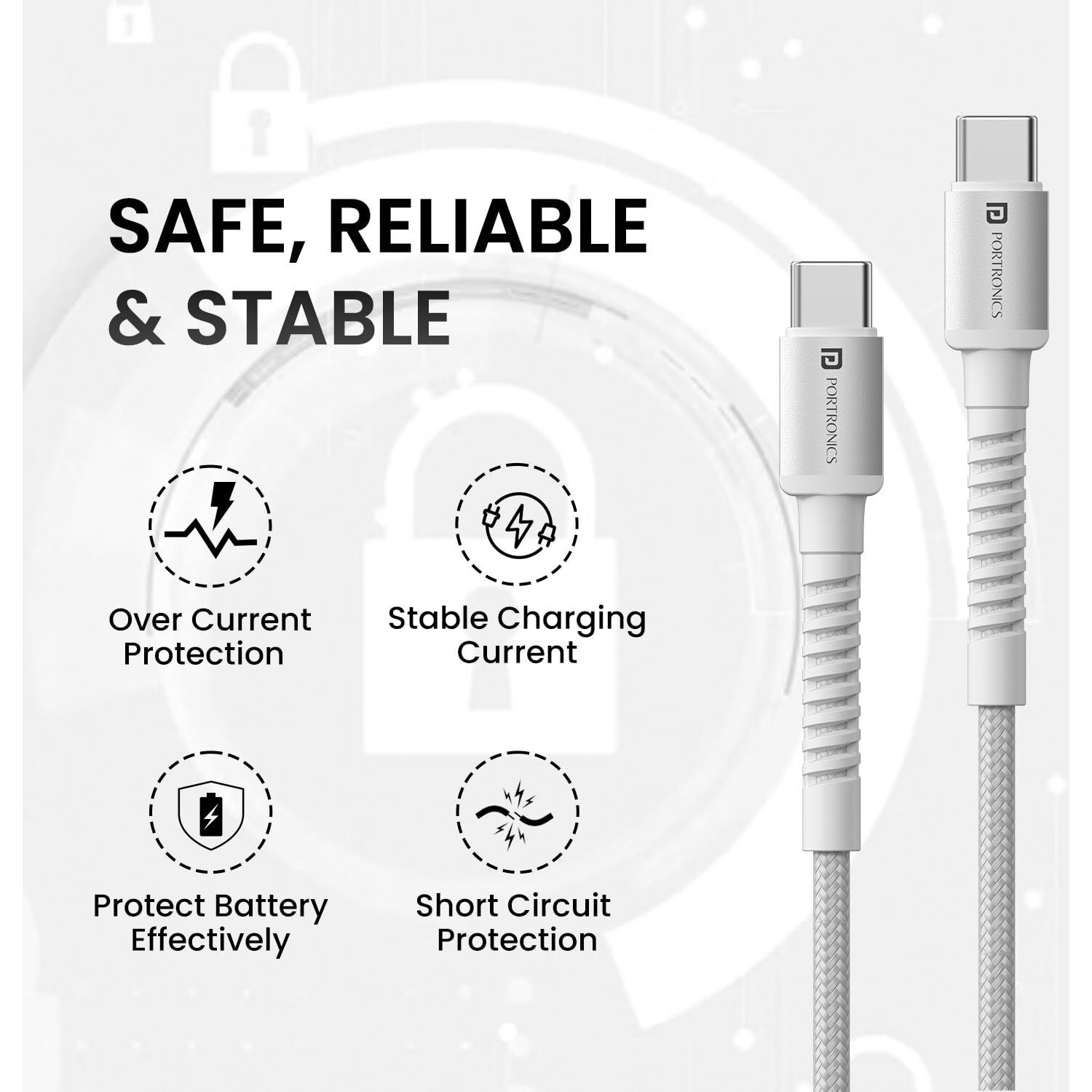 Portronics Konnect X 60W Type C to Type C Unbreakable Nylon Braided Cable, 1M Fast Charging Cable for iPhone 15 series, iPad, Samsung Galaxy & other Type C Devices(White)