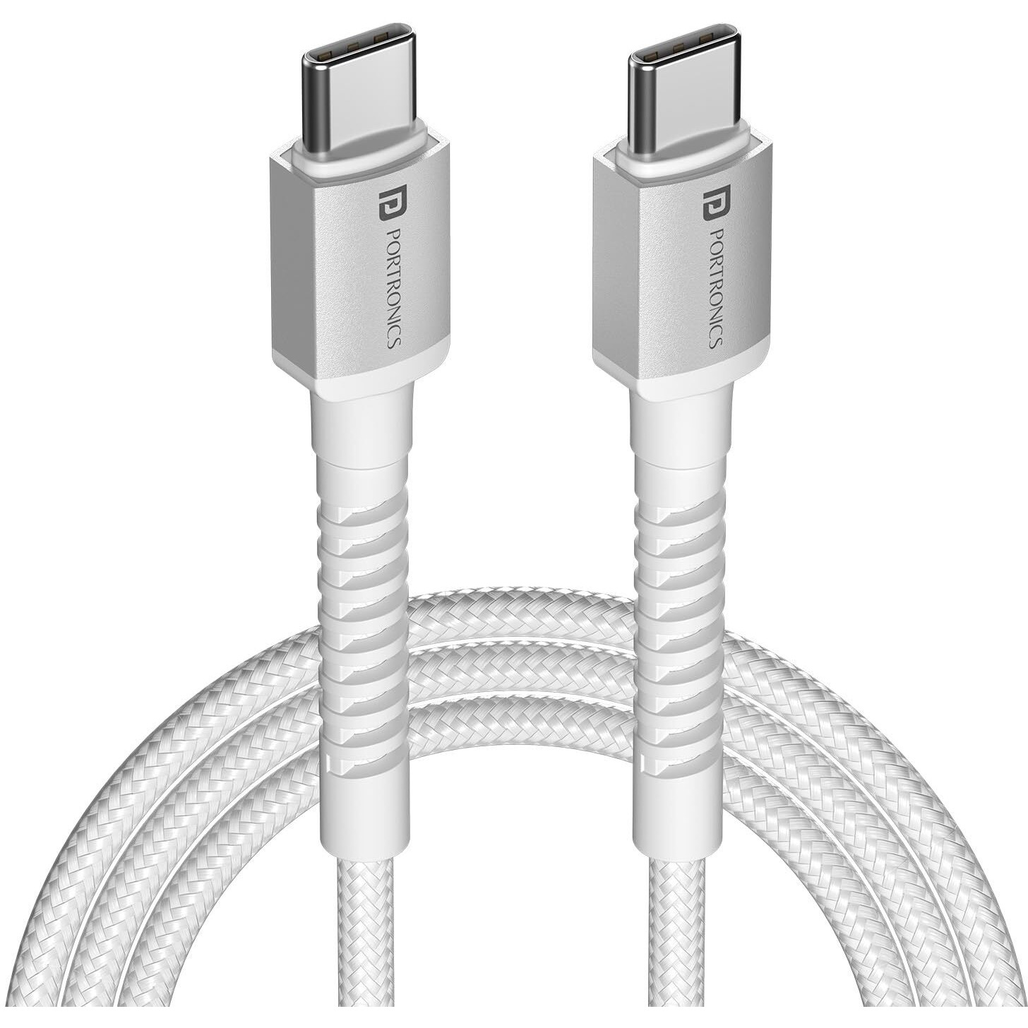 Portronics Konnect X 60W Type C to Type C Unbreakable Nylon Braided Cable, 2M Fast Charging Cable for iPhone 15 series, iPad, Samsung Galaxy & other Type C Devices(White)