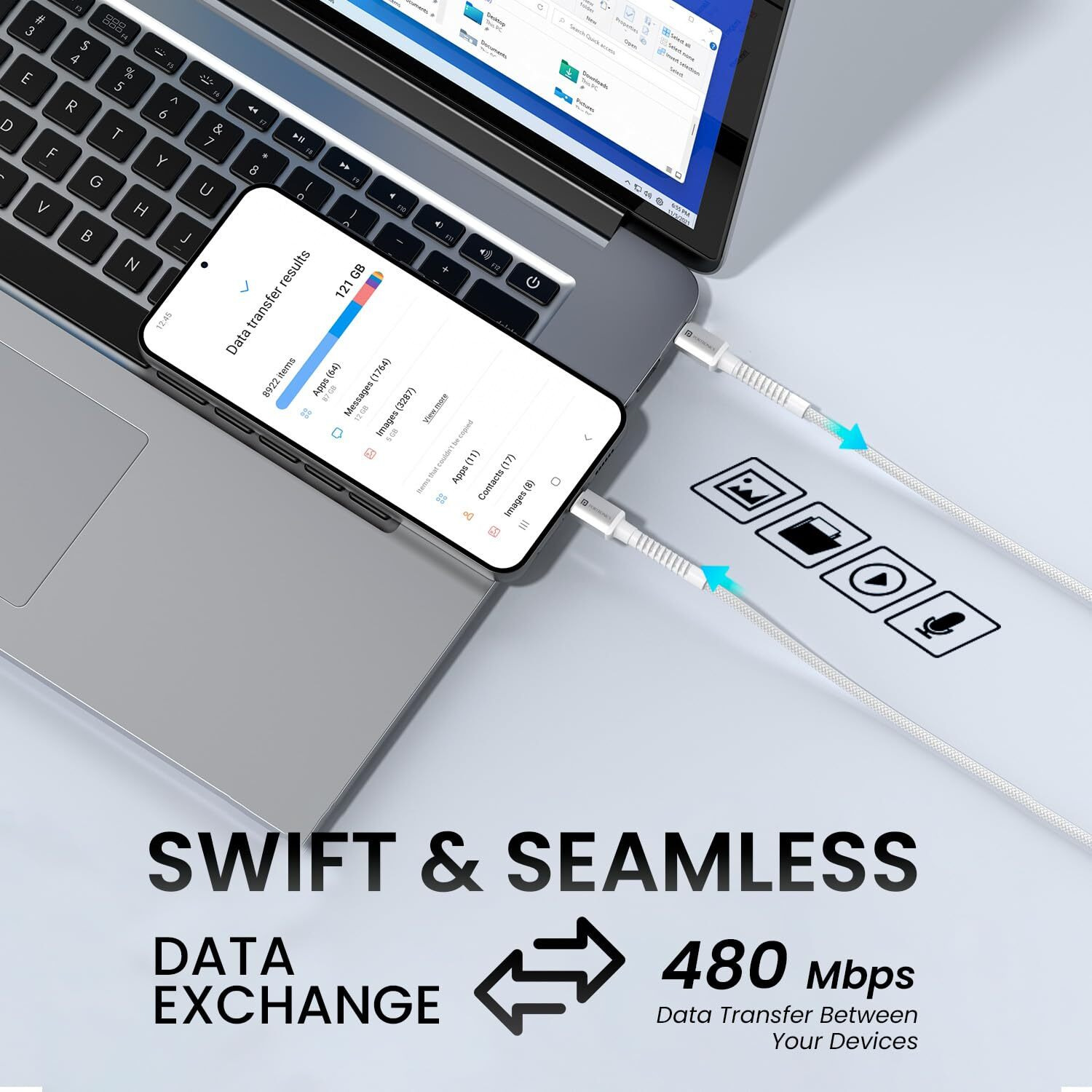 Portronics Konnect X Type C to 8-Pin 27W Fast Charging Cable, Premium TPE Material, Support to all Lightning Devices 1M Length(White)