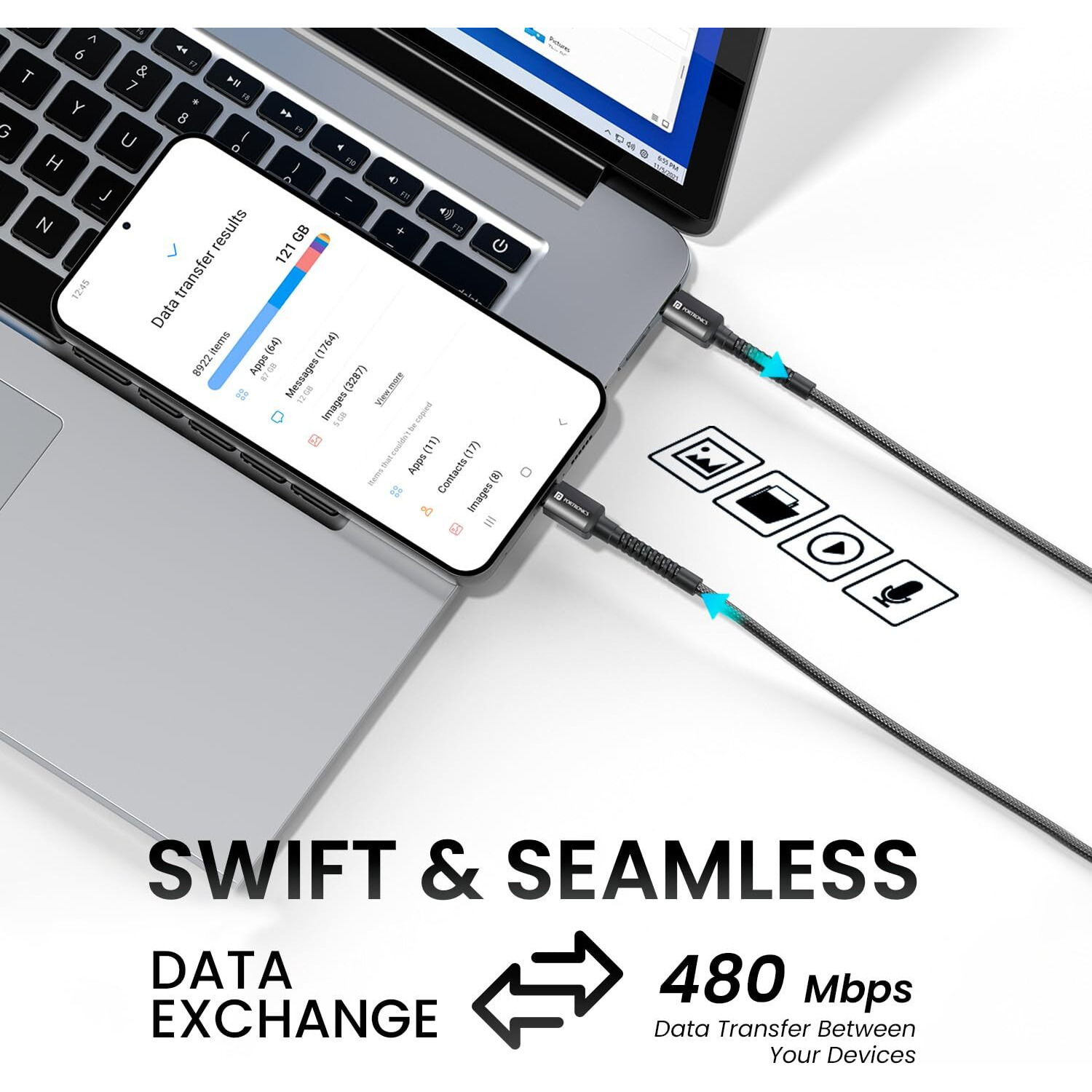 Portronics Konnect X Type C to 8-Pin 27W Fast Charging Cable, Premium TPE Material, Support to all Lightning Devices 2M Length(Black)
