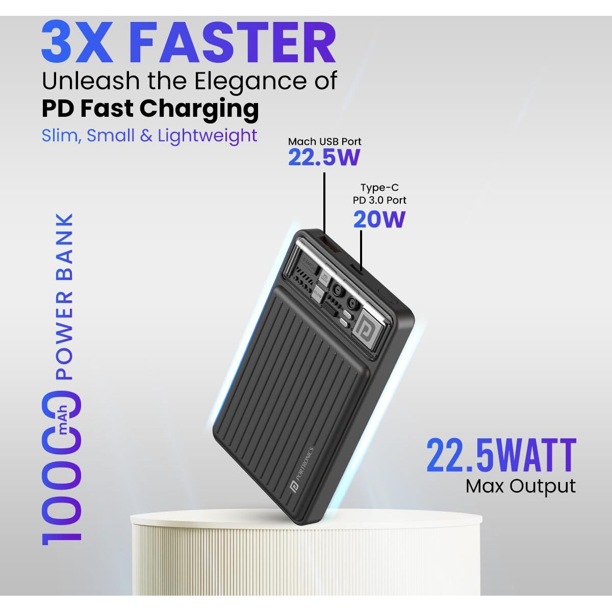 Portronics Luxcell Mini 10K Advanced 10000 mAh Nano Power Bank with 22.5W Max Output, LED Indicator, Mach USB-A Output, Type C PD Output, Type C Input, Wake Up Button(Black)