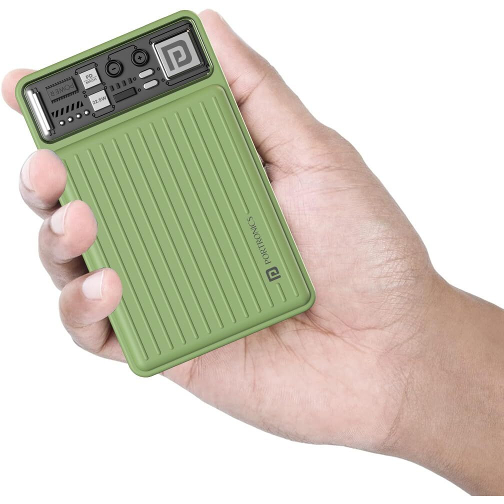 Portronics Luxcell Mini 10K Advanced 10000 mAh Nano Power Bank with 22.5W Max Output, LED Indicator, Mach USB-A Output, Type C PD Output, Type C Input, Wake Up Button(Green)