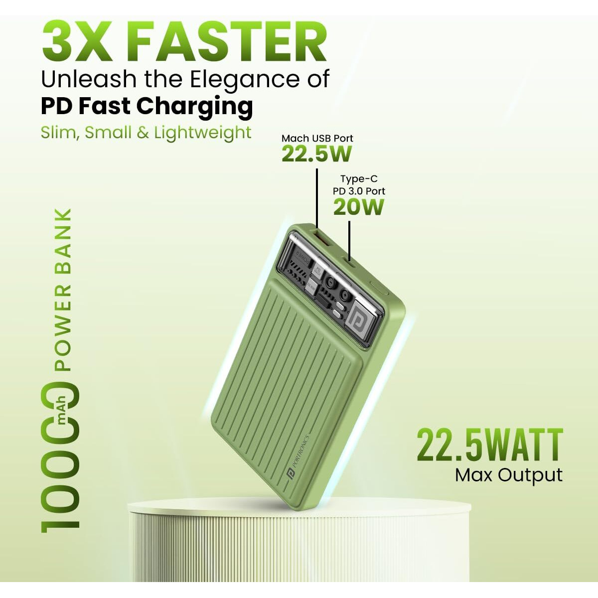 Portronics Luxcell Mini 10K Advanced 10000 mAh Nano Power Bank with 22.5W Max Output, LED Indicator, Mach USB-A Output, Type C PD Output, Type C Input, Wake Up Button(Green)