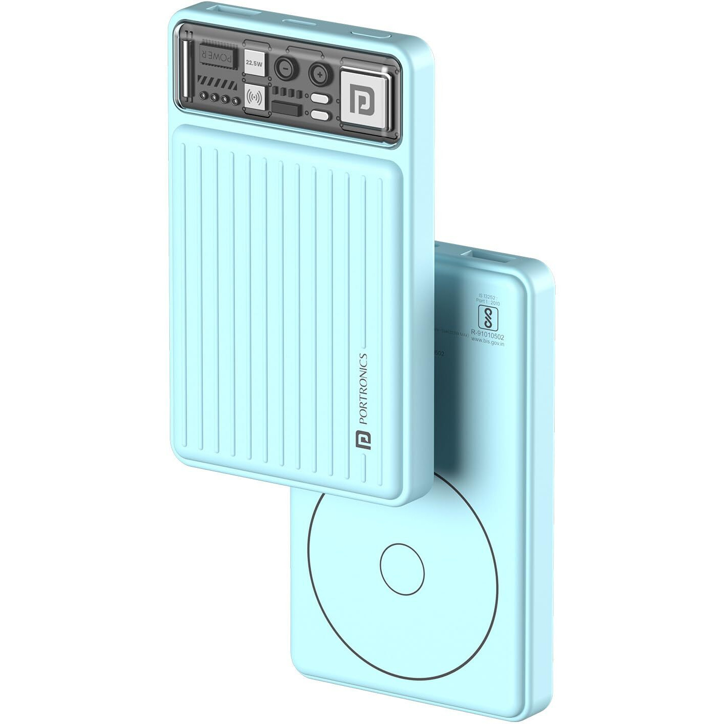Portronics Luxcell Wireless Mini 10k 10000mAh 15W Magnetic Wireless Fast Charging Nano Power Bank with 22.5 Wired Output Compatible with iPhone 12 & Above & Other QI Enabled Devices(Light Blue)