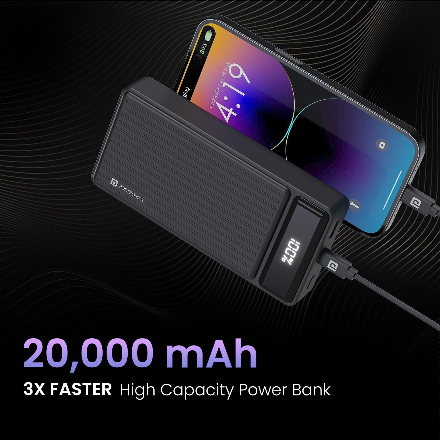 Portronics Luxcell B 20K Advanced 20000 mAh Power Bank with 22.5W Max Output, LED Battery Display, 22.5w Mach USB-A Output, 20w Type C PD Output, Type C Input, Wake Up Button(Black)