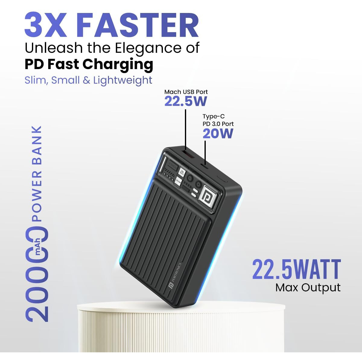Portronics Luxcell Mini 20K Advanced 20000 mAh Smallest Power Bank with 22.5W Max Output, LED Indicator, Mach USB-A Output, Type C PD Output, Type C Input, Wake Up Button(Black)