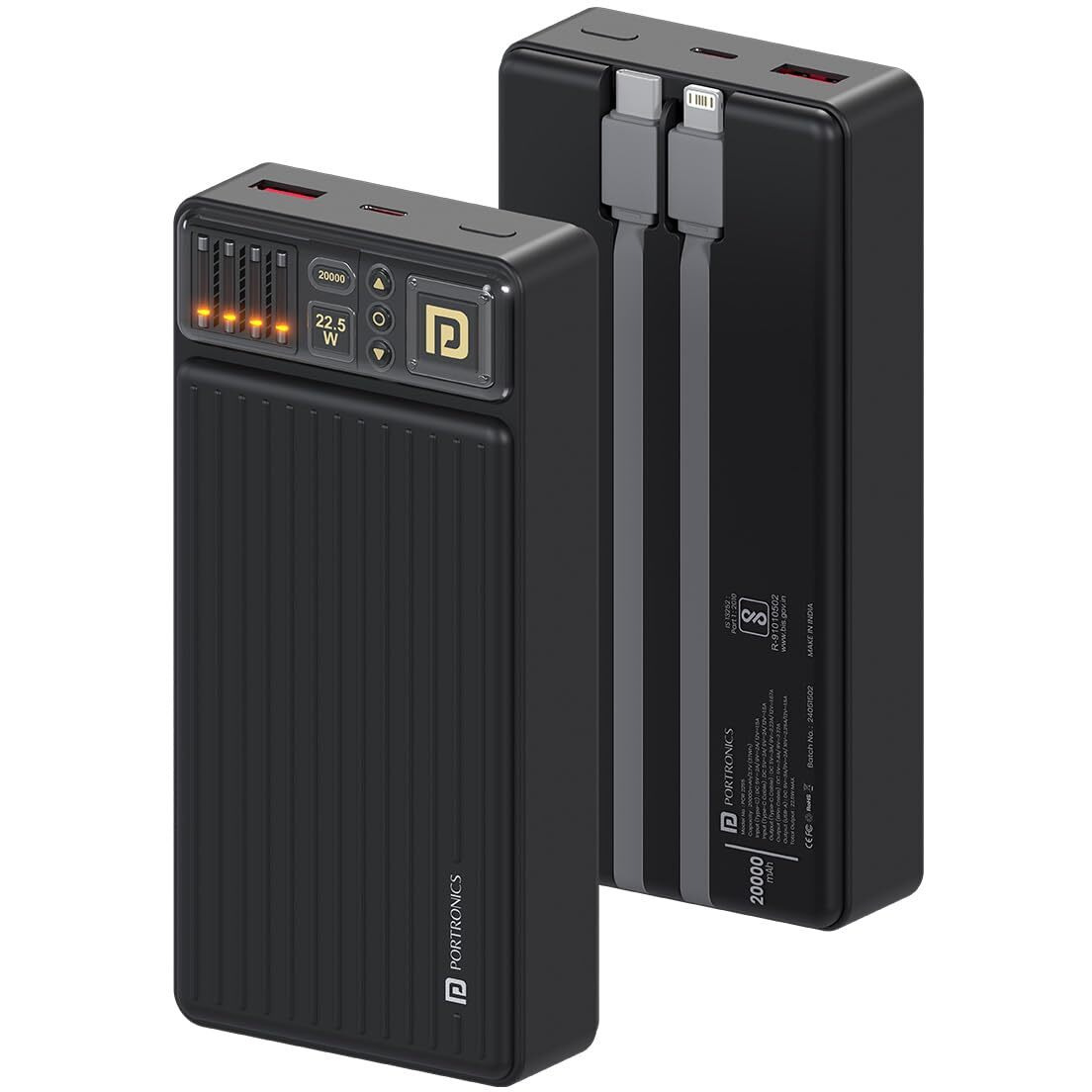 Portronics Luxcell Bind 20k 20000mAh Powerbank with 22.5W Fast Charging, in-Built Type C PD(Input & Output) /8 Pin Cable, LED Indicator, USB-A Mach Output, Compatible with Smartphones,Tablets(Black)
