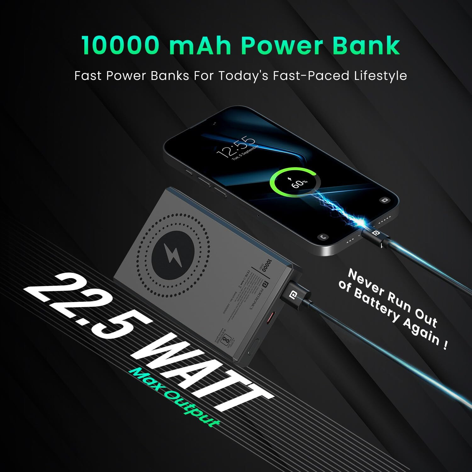 Portronics Luxcell MagClick 10k 10000 mAh 15W Magnetic Wireless Fast Charging Power Bank Premium Finish, 22.5 Wired Output Compatible with iPhone 12 & Above,Type C Smartphones,Tablets(Dark Grey)