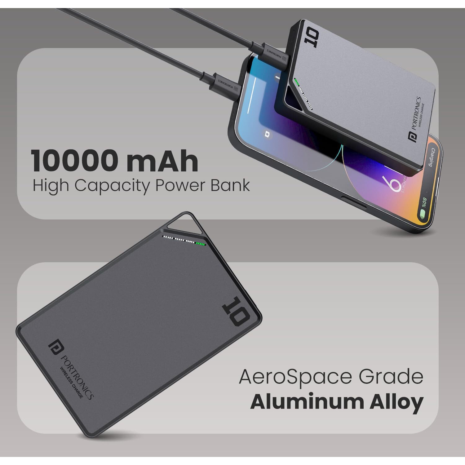 Portronics Boosty 10K 10000mAh 15W Wireless Magnetic Fast Charging Nano Powerbank, Metallic Finish, 20W Type C PD Output, Light Weight, Compatible with iPhone 12 Above, Other Qi Enabled Devices