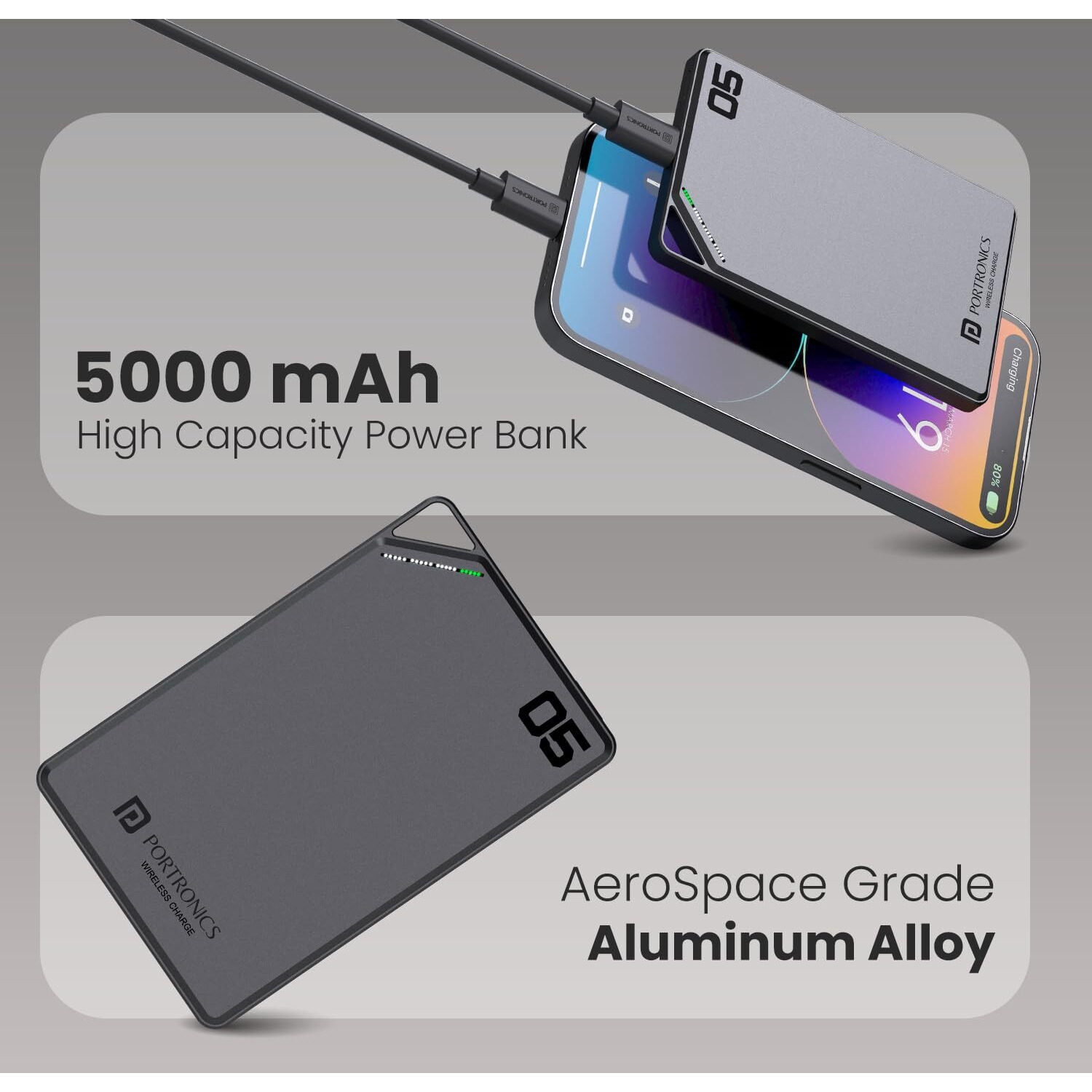 Portronics Boosty 5k 5000mAh 15W Wireless Magnetic Fast Charging Nano Powerbank, Metallic Finish, 20W Type C PD Output, Light Weight, Compatible with iPhone 12 Above, Other Qi Enabled Devices