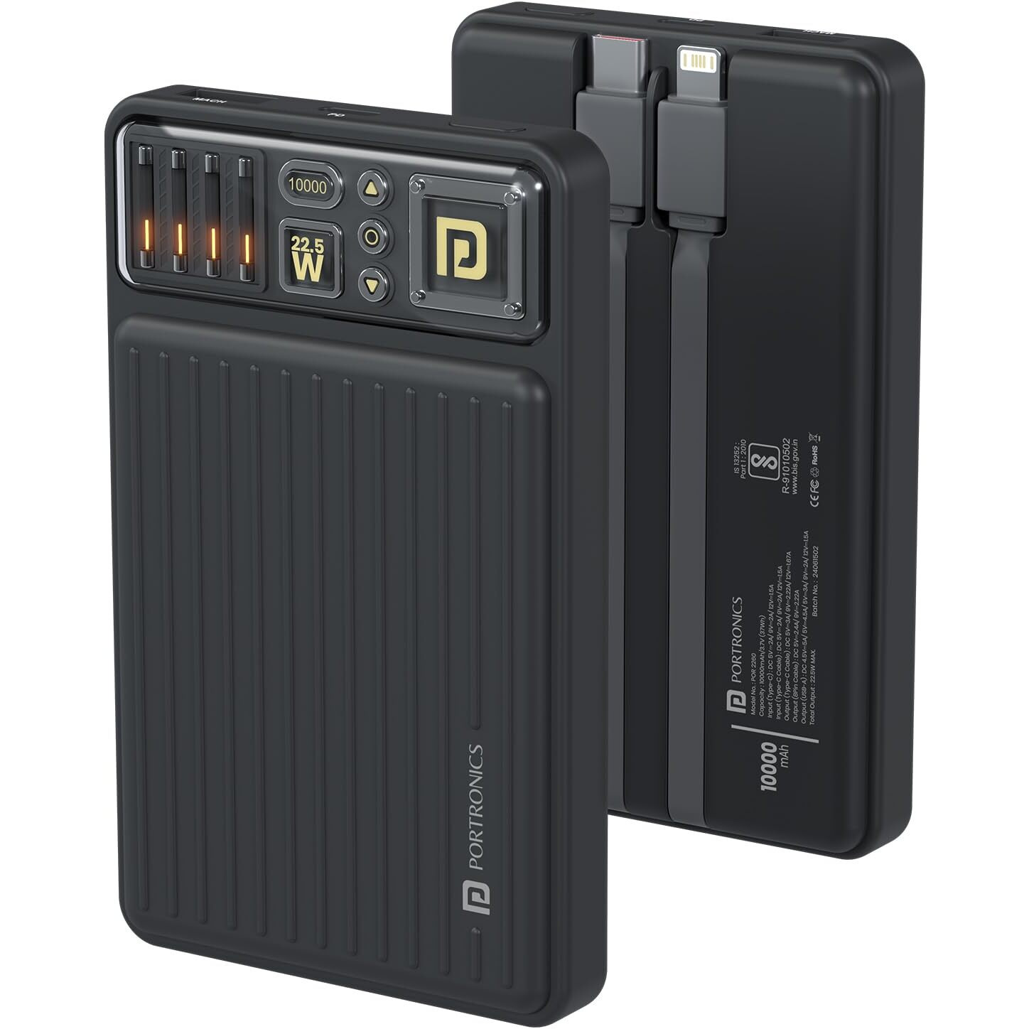 Portronics Luxcell Bind Mini 10k 10000mAh Nano Powerbank with 22.5W Fast Charging, in-Built Type C PD(Input & Output) /8 Pin Cable, LED Indicator, USB-A Mach Output, Compatible with Smartphones
