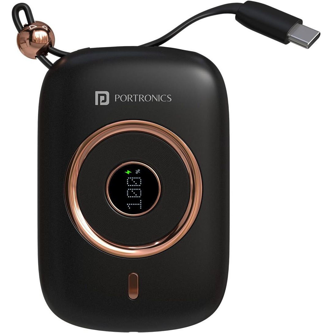 Portronics Power Shutter 10000mAh 15W Magnetic Wireless Fast Charging Powerbank with in-Built Type C & 8 Pin Cable, 22.5W Type C PD Output, Type C Bidirectional Port, LED Display (Black)