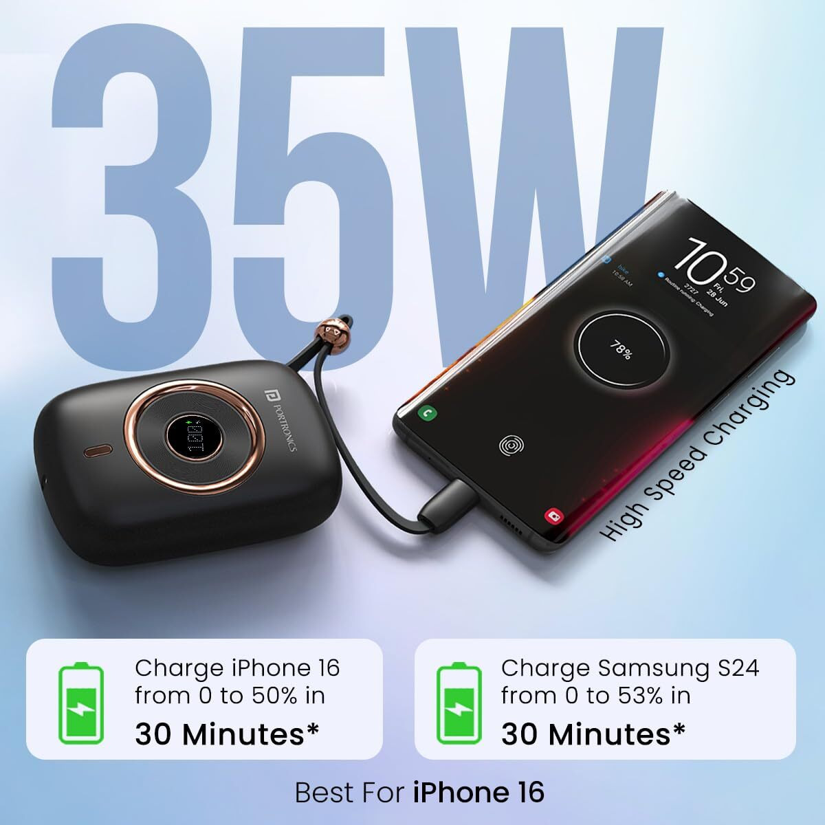Portronics Power Shutter 10000mAh 15W Magnetic Wireless Fast Charging Powerbank with in-Built Type C & 8 Pin Cable, 22.5W Type C PD Output, Type C Bidirectional Port, LED Display (Black)