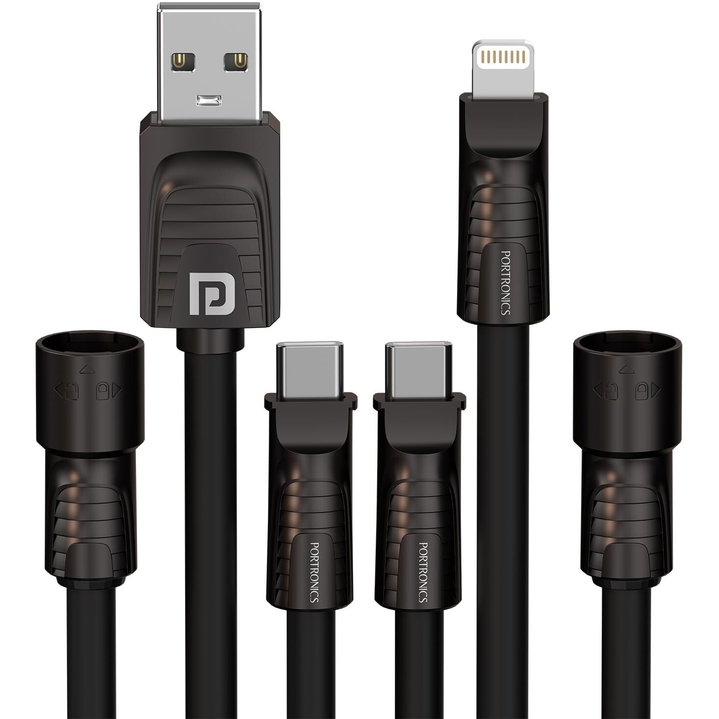Portronics Konnect Tetra 60W 4 in 1 Multi Functional Fast Charging PD Cable with 1.4M Length, 480Mbps Data Sync, Compatible with All Type C Android Smartphone & Lightning Device(Black)