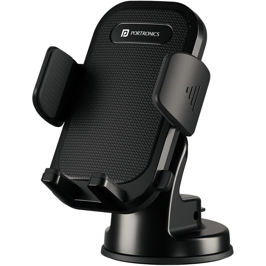 Portronics Clamp M4 Car Phone Holder Stand with 360 Degree Rotation, Strong Grip, Suction Cup Mount, Single Hand Use, Shockproof Build, Mobile Stand for Car (Black)