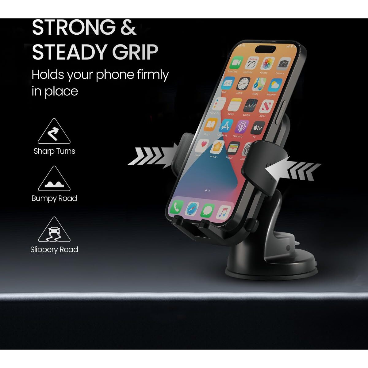 Portronics Clamp M4 Car Phone Holder Stand with 360 Degree Rotation, Strong Grip, Suction Cup Mount, Single Hand Use, Shockproof Build, Mobile Stand for Car (Black)