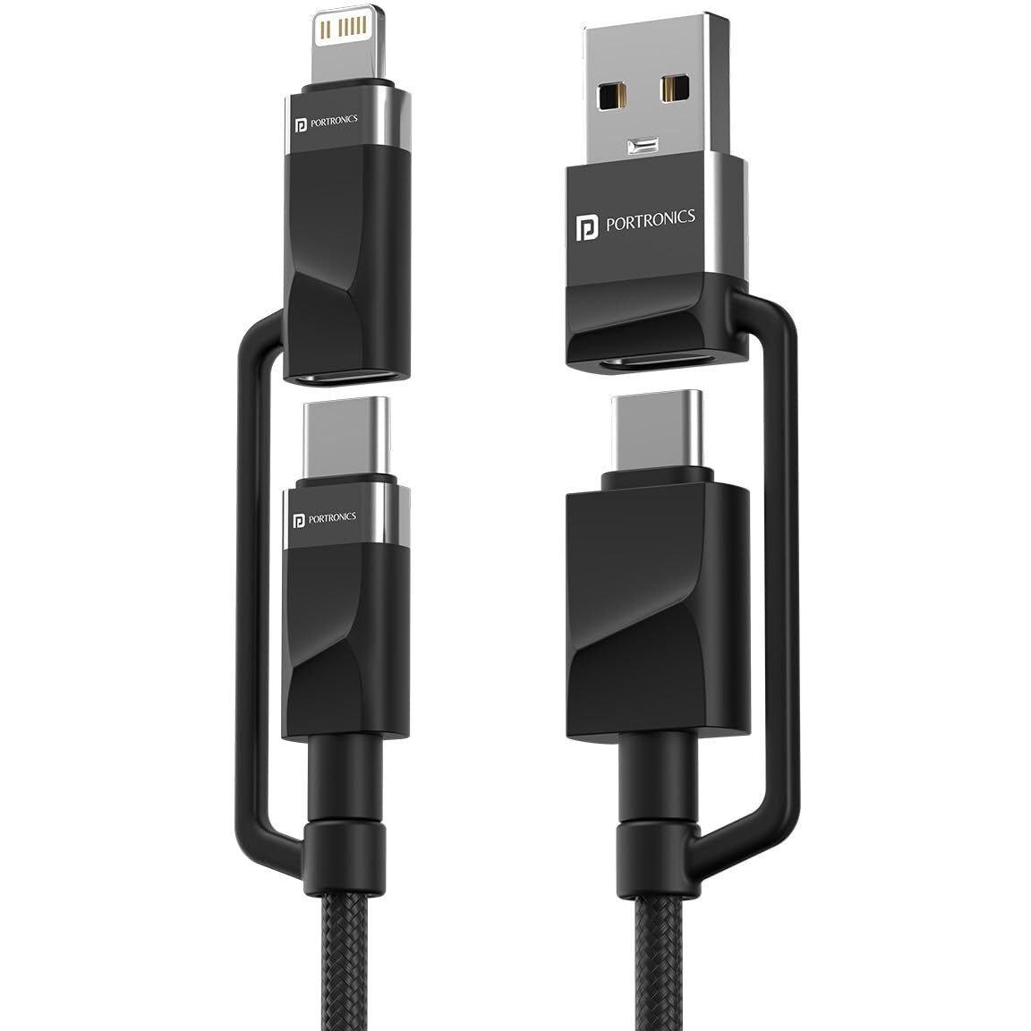 Portronics Omnicord 60W 4 in 1 Nylon Braided Fast Charging Cable With Multiple Port, Type C to Type C/Lightening, USB A, Fast Data Sync, Compatible With Type C Devices, Tablets/ipads & Laptop/Macbook