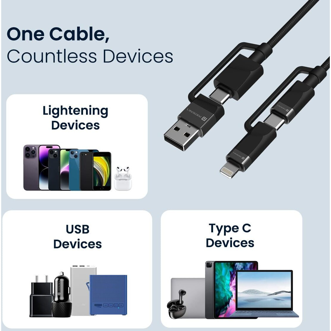 Portronics Omnicord 60W 4 in 1 Nylon Braided Fast Charging Cable With Multiple Port, Type C to Type C/Lightening, USB A, Fast Data Sync, Compatible With Type C Devices, Tablets/ipads & Laptop/Macbook