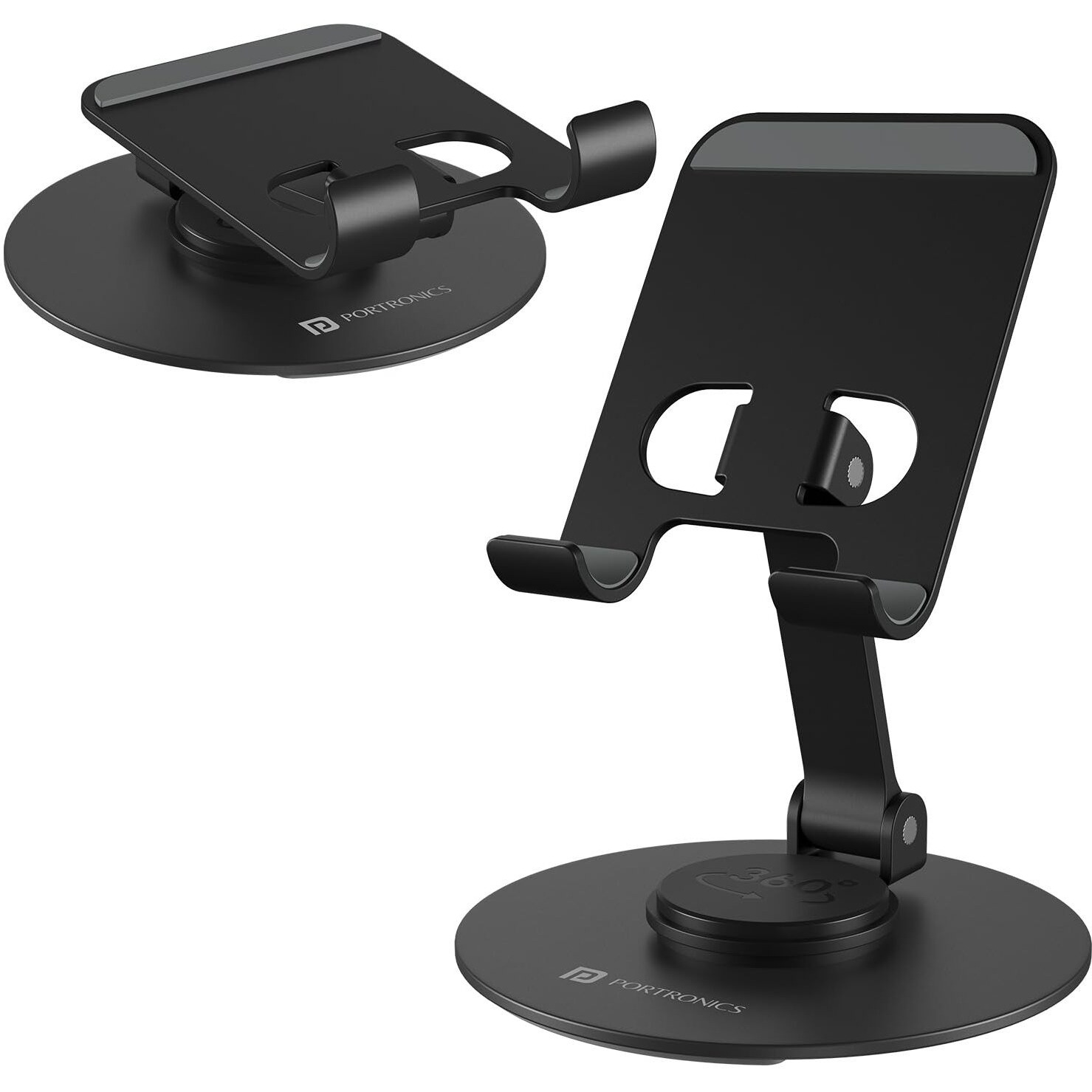 Portronics Mobot 4 Universal Mobile Holding Stand with 360Rotatable & Height Adjustable, Foldable & Anti-Skid Design, Stable Metallic Round Base, Mobile Holder for Smartphone, Tablets, Kindles
