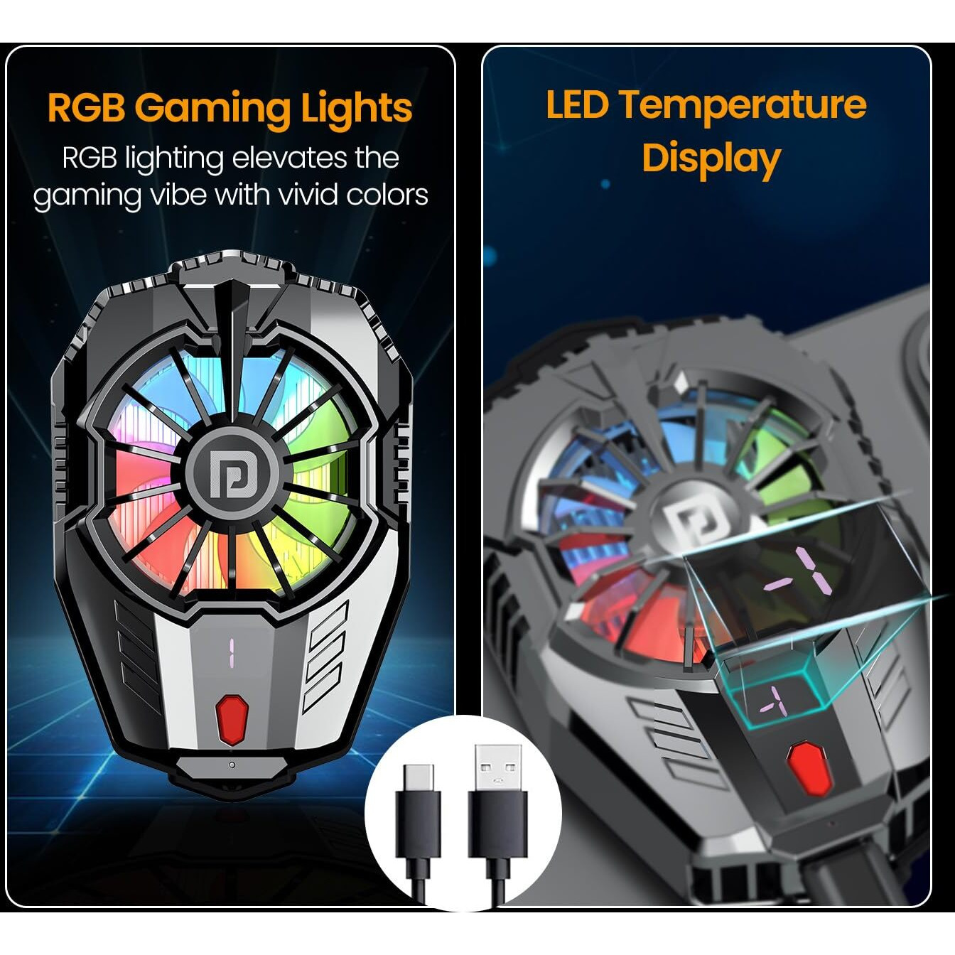 Portronics Coolpluse Instant Mobile Cooler With Radiator Cooling Technology, 3 Cooling Mode, Temperature Display, RGB LED Light, Gaming Fan, Refrigeration Chip, Compatible With Android & iphone(Black)