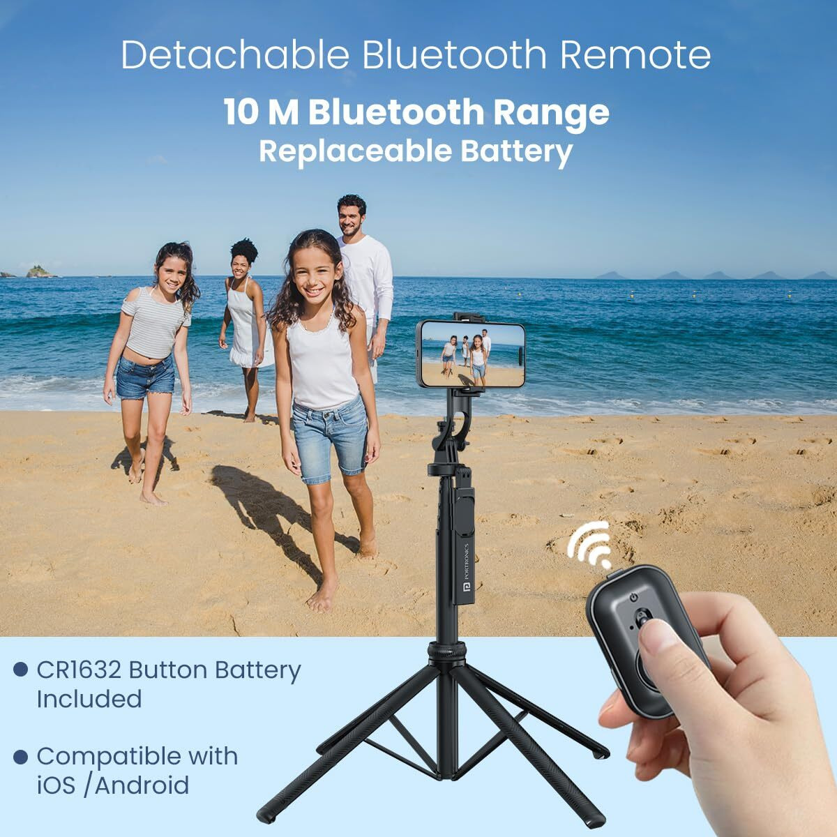 Portronics Lumistick 2 Portable Smart Selfie Stick with Upto 6ft. Tripod Stand, 3 in 1 Multifunctional Design, Detachable Bluetooth Remote Compatible for iPhone/Android, Best for Vlogging/Photo Shoot