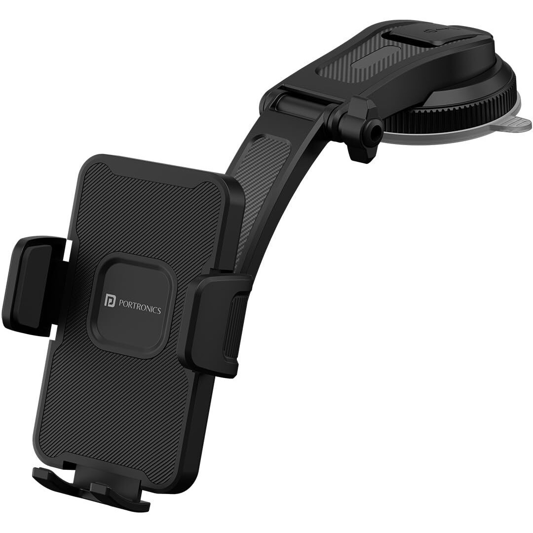 Portronics Clamp M5 Car Phone Holder Stand with Grip Rotation, Strong Hold, Suction Cup Mount, Single Hand Use, Shockproof Build, Mobile Stand for Car (Black)