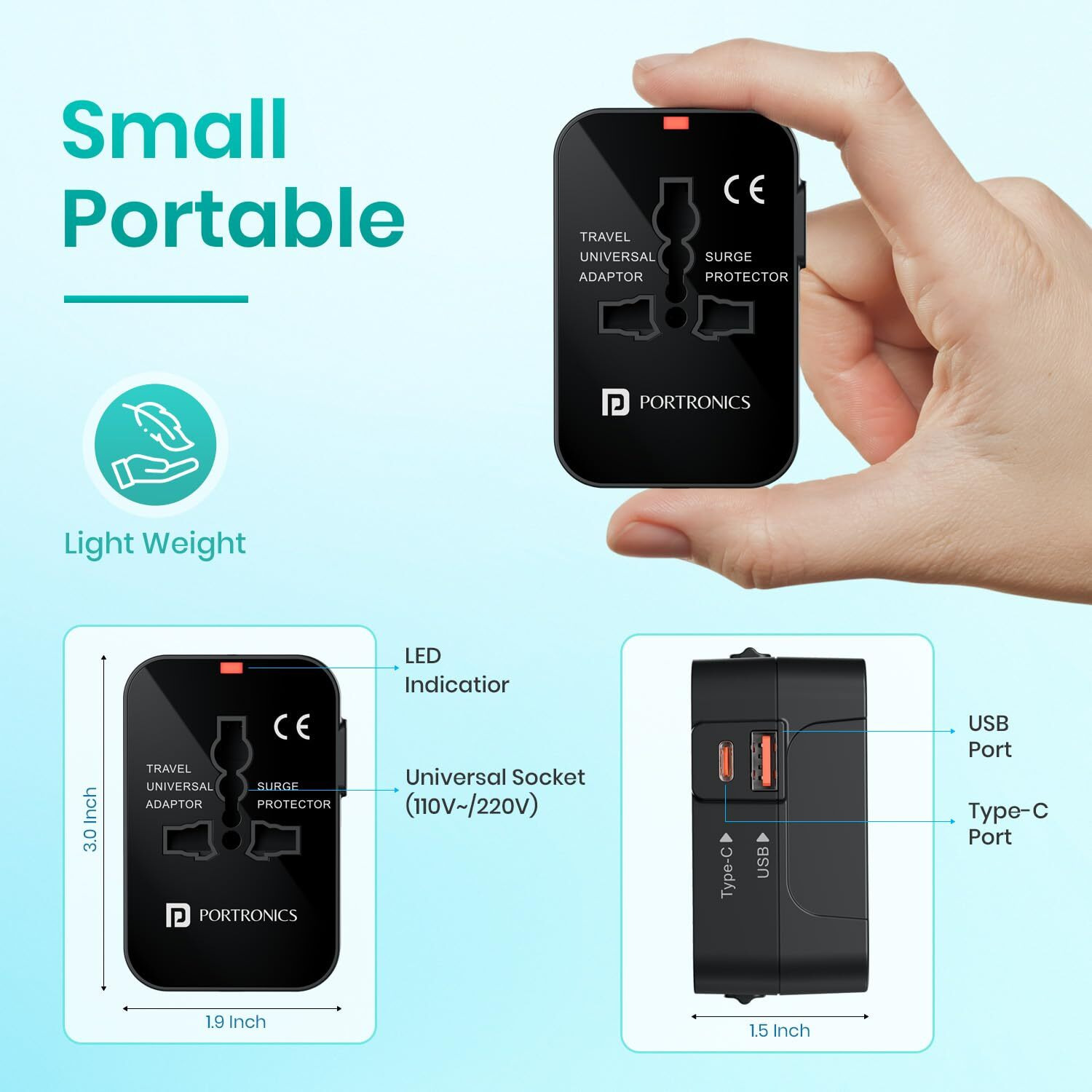 Portronics Juicemate Universal Travel Adapter with 20W Type C PD & 18W USB-A Output Port, All in One International Travel Fast Charging Adapter, Suitable for 200+ Countries US,UK,EU,AUS,Etc(Black)