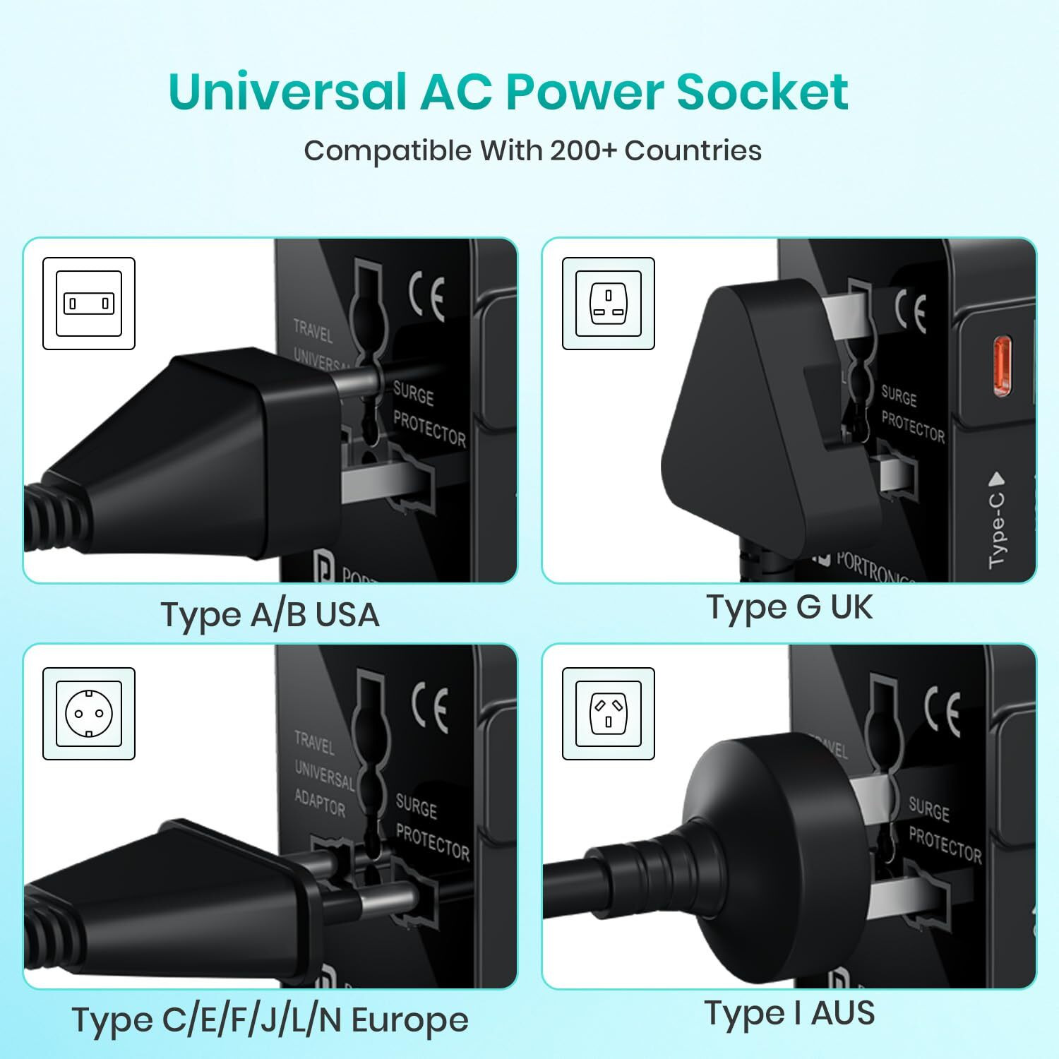 Portronics Juicemate Universal Travel Adapter with 20W Type C PD & 18W USB-A Output Port, All in One International Travel Fast Charging Adapter, Suitable for 200+ Countries US,UK,EU,AUS,Etc(Black)