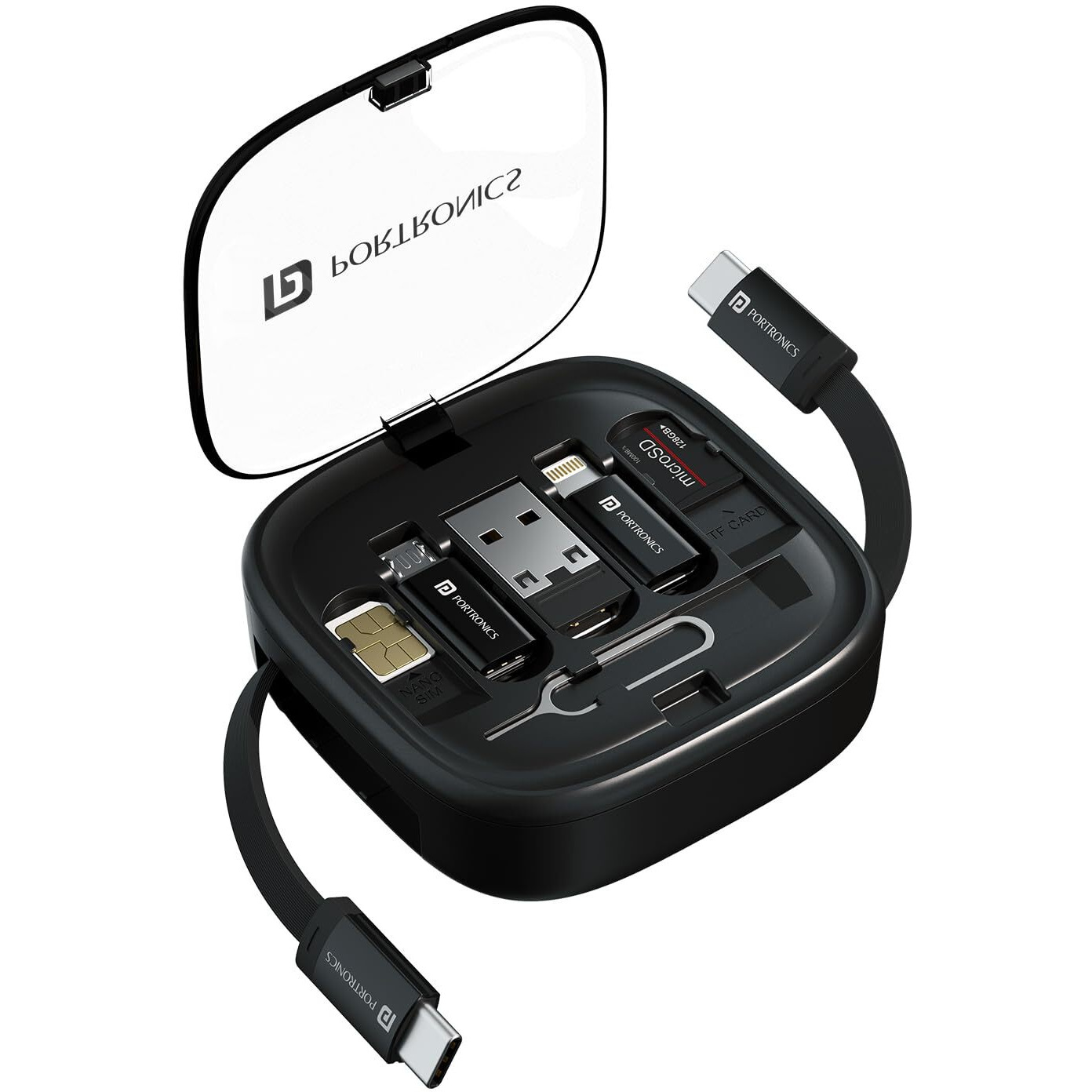 Portronics Snapcase 2 60W Multifunctional Fast Charging Data Cable Kit with Type C to Type C Retractable Cable, Conversion Set USB A & Type C to Male Micro/Type C/Lightning,Sim Storage,Sim Eject Pin