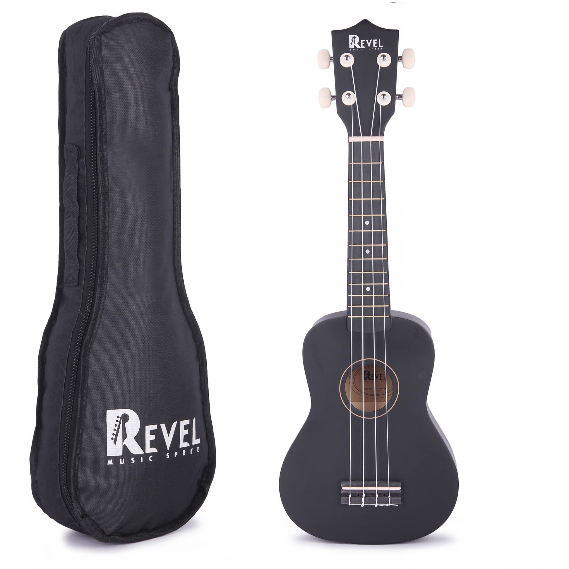 REVEL 21 inches Soprano Ukulele (Jamming Black) with carry bag. Core with gentle braced wood for warm bright tone.(Black)