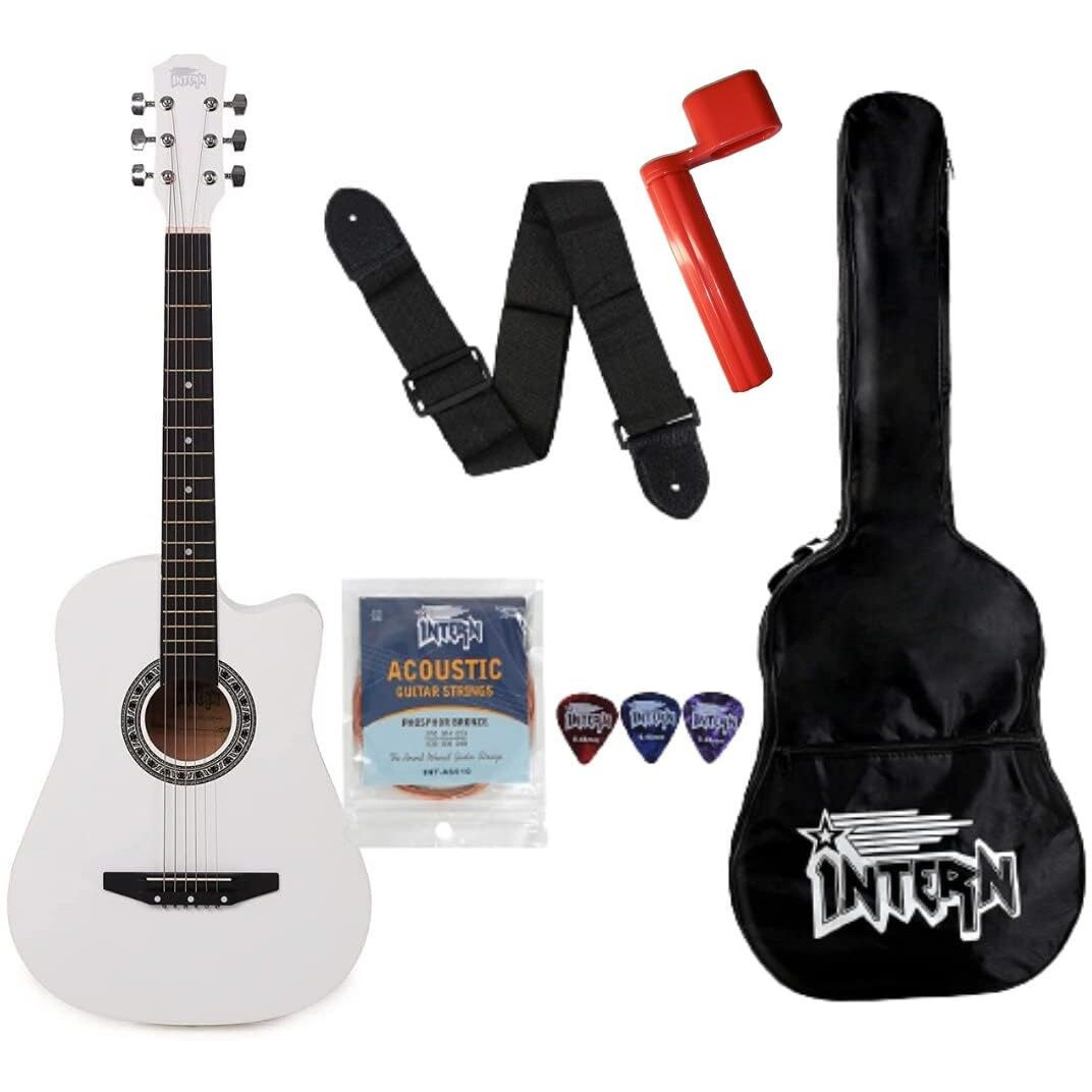 Intern 38C Acoustic Steel-string Guitar Premium White Cutaway Design with carry bag, strings, guitar strap and plectrums (INT-38C-WH)