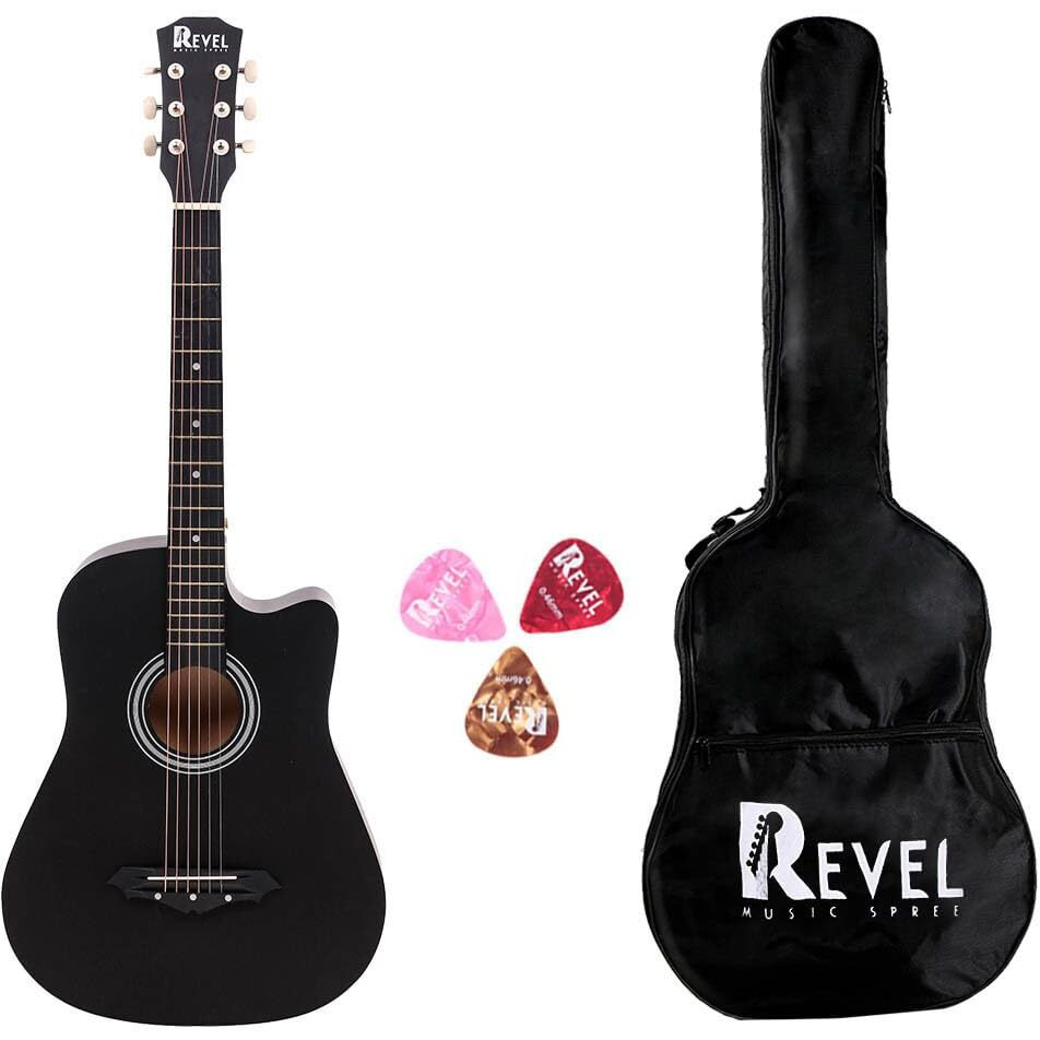 Revel 38 Inches Cutaway Design Acoustic Guitar with Carry bag and Plectrums. Great tone and Beginner/Learners standard size configuration for all age groups (Black)