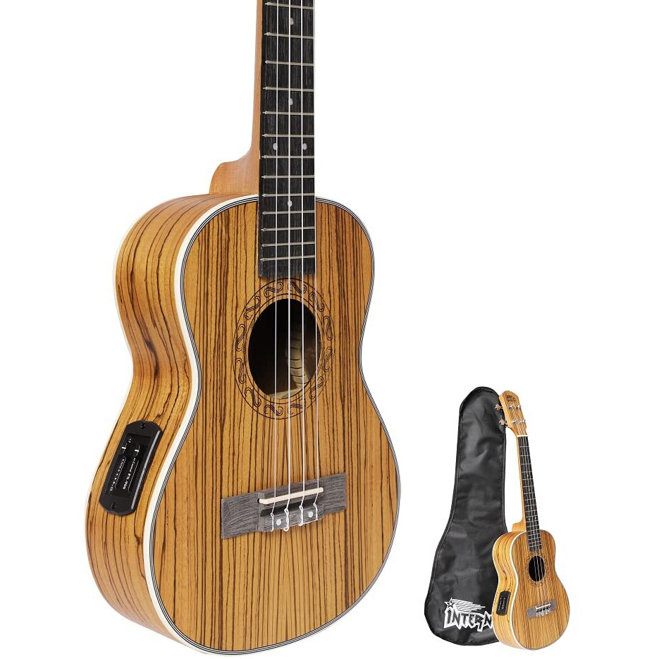 INTERN 26'' Tenor semi-acoustic/electro acoustic Ukulele, Solid wood 26 inch Hawaiian Ukuleles for Adults Batking Tenor Ukulele for Beginners, Zebrawood stripes Ukulele for Adults with Bag.