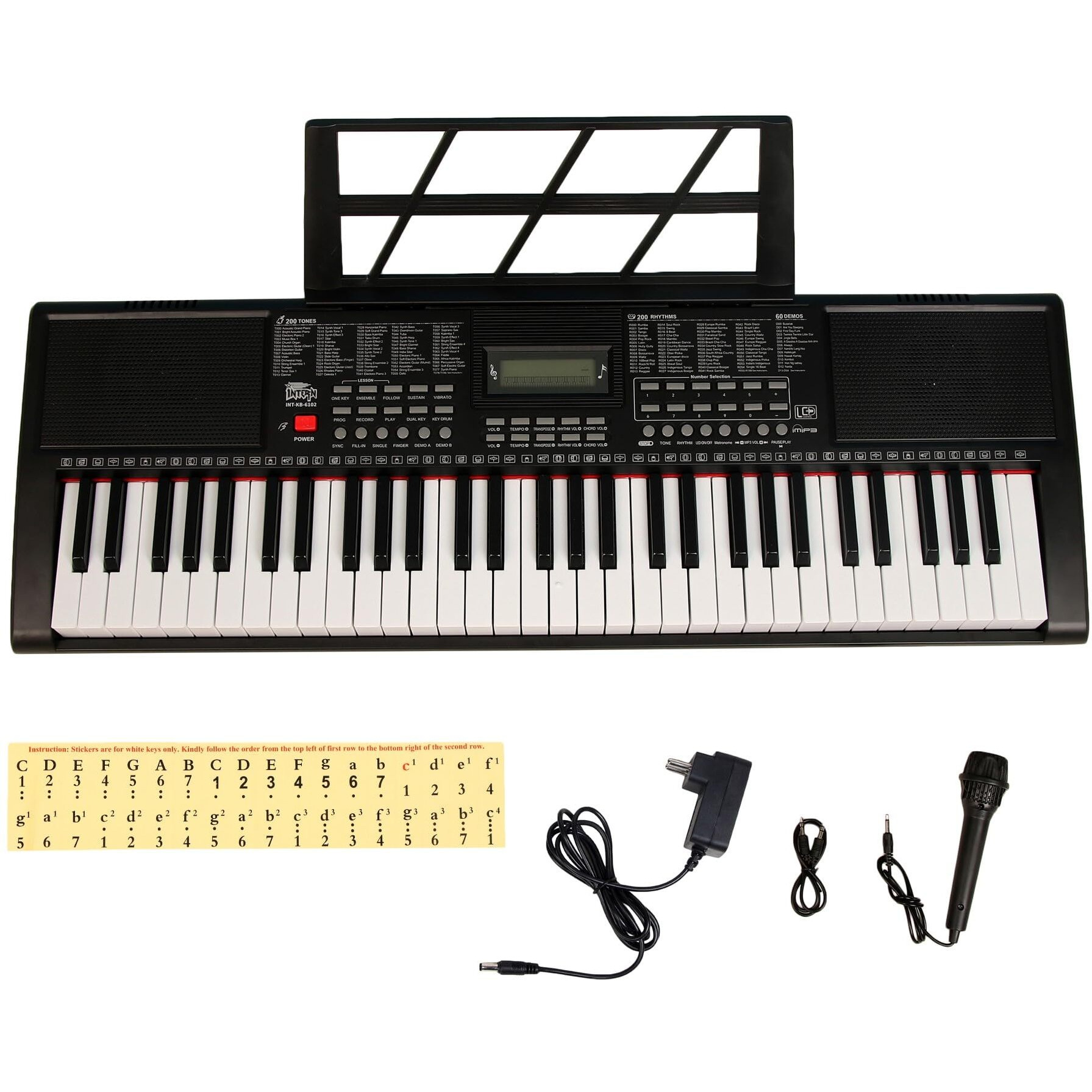 Intern INT-KB-6102, 61 Keys Touch Response Portable Piano Keyboard with Microphone and 9V DC Power Adapter (Black)