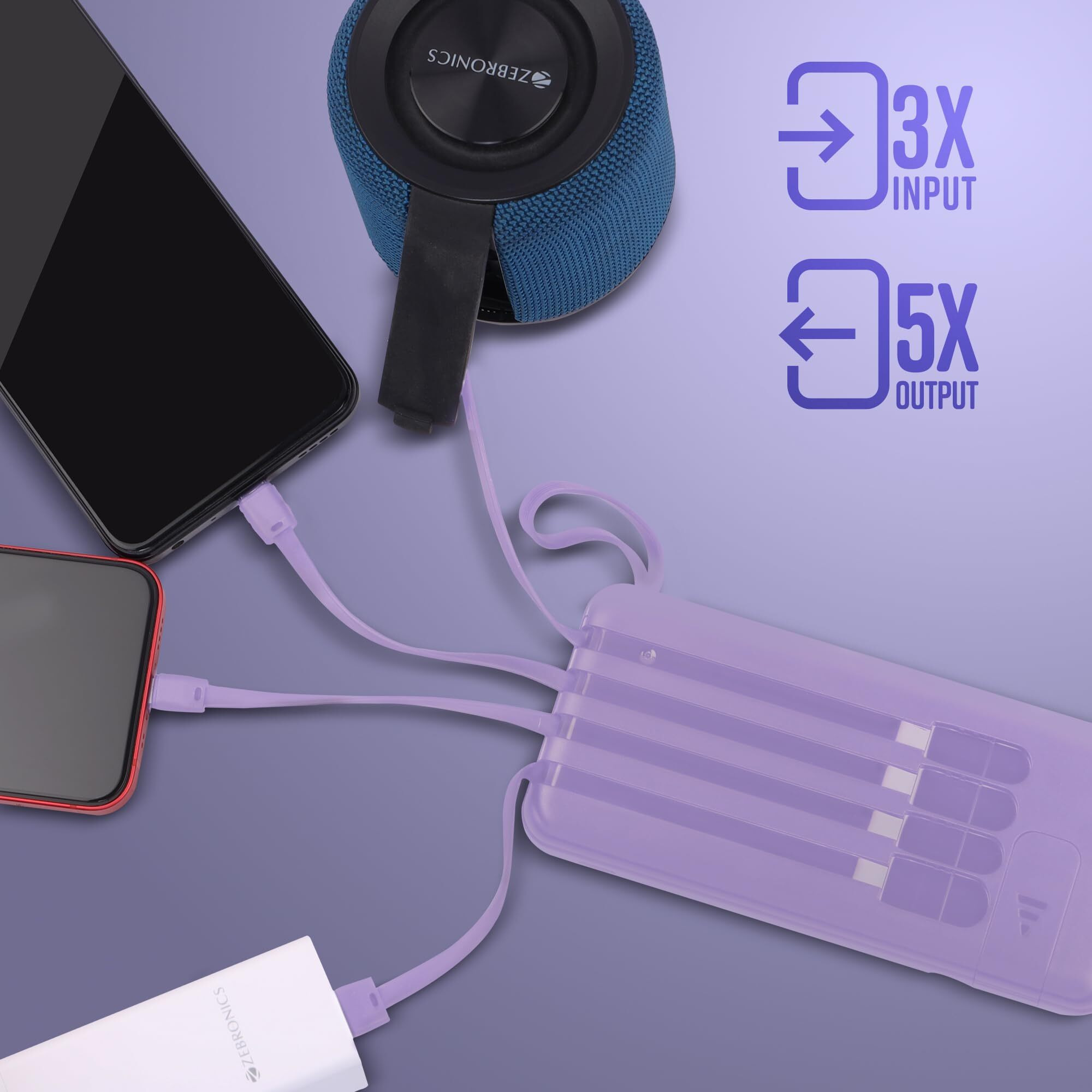 ZEBRONICS MB10000S6 Power Bank, 10000 mAh, 12W, 5 x Outputs - Dual USB A | Type C | Micro USB | Lightning, Built in I/O Cables, Percentage Display, Carry Loop, Made in India (Lavender)
