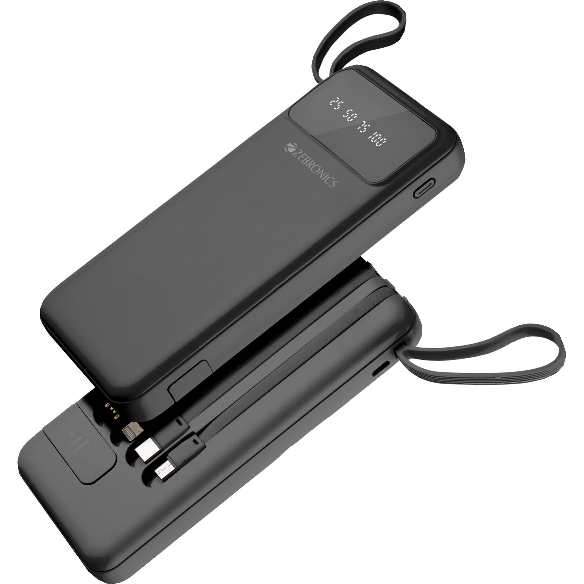 ZEBRONICS MB10000S6 Power Bank, 10000 mAh, 12W, 5 x Outputs - Dual USB A | Type C | Micro USB | Lightning, Built in I/O Cables, Percentage Display, Carry Loop, Made in India (Black)