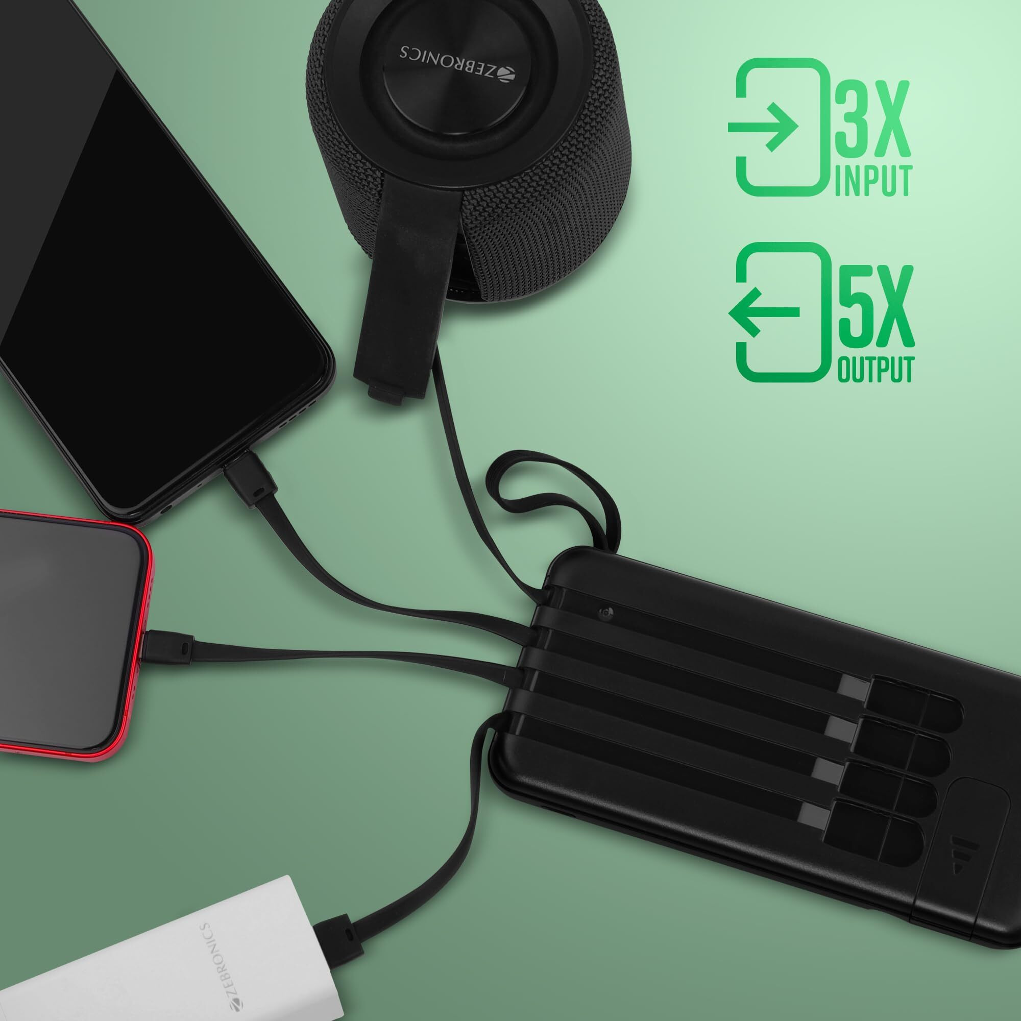 ZEBRONICS MB10000S6 Power Bank, 10000 mAh, 12W, 5 x Outputs - Dual USB A | Type C | Micro USB | Lightning, Built in I/O Cables, Percentage Display, Carry Loop, Made in India (Black)